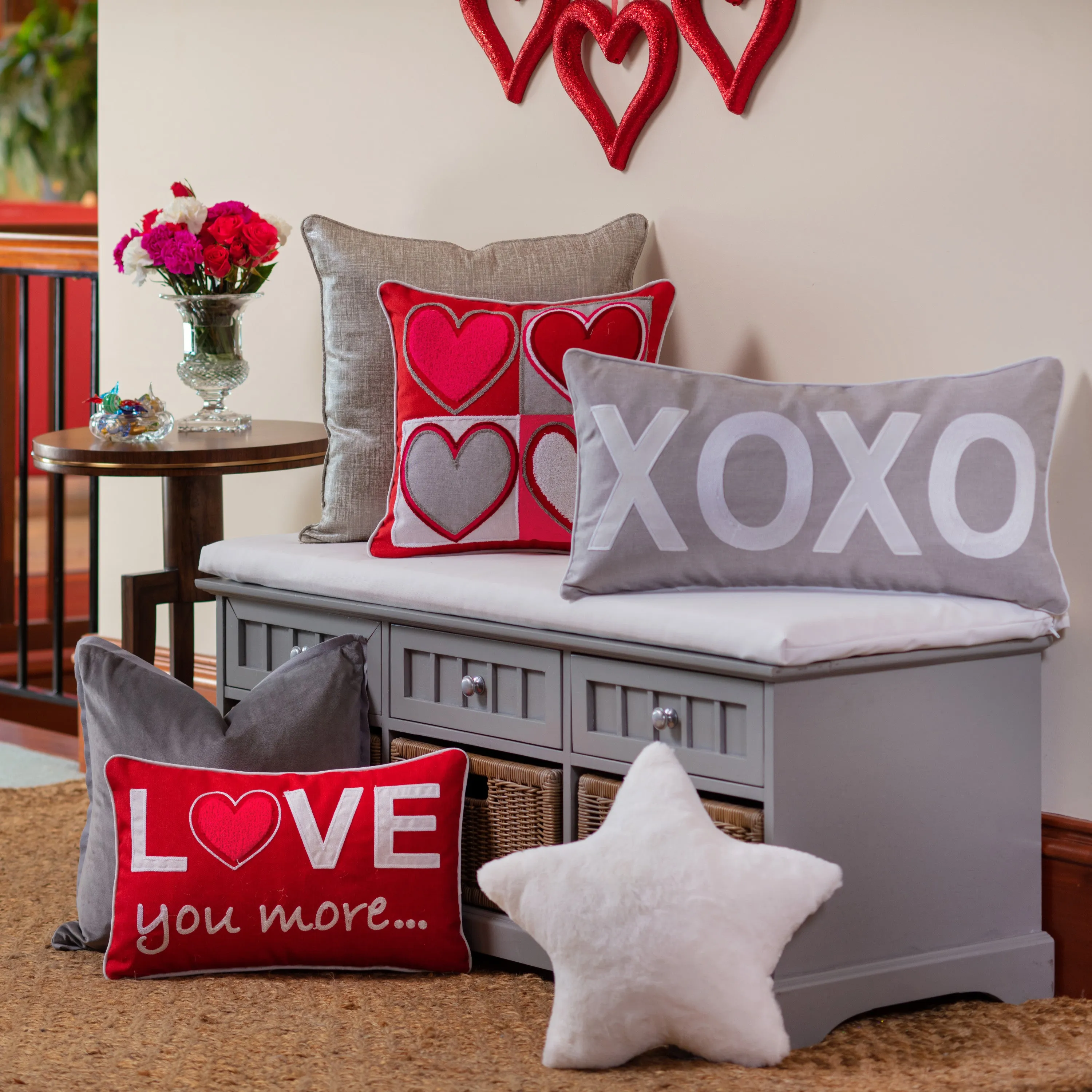 Indoor Valentines Love You More Red Rectangular Throw Pillow