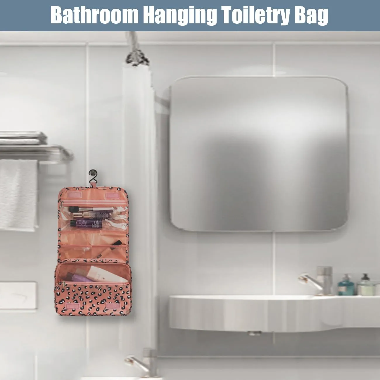 L&FY Hanging Travel Toiletry Bag Women's Cosmetic Organizer Makeup Pouch Men's Dopp Kits With Handle(Pink Leopard)