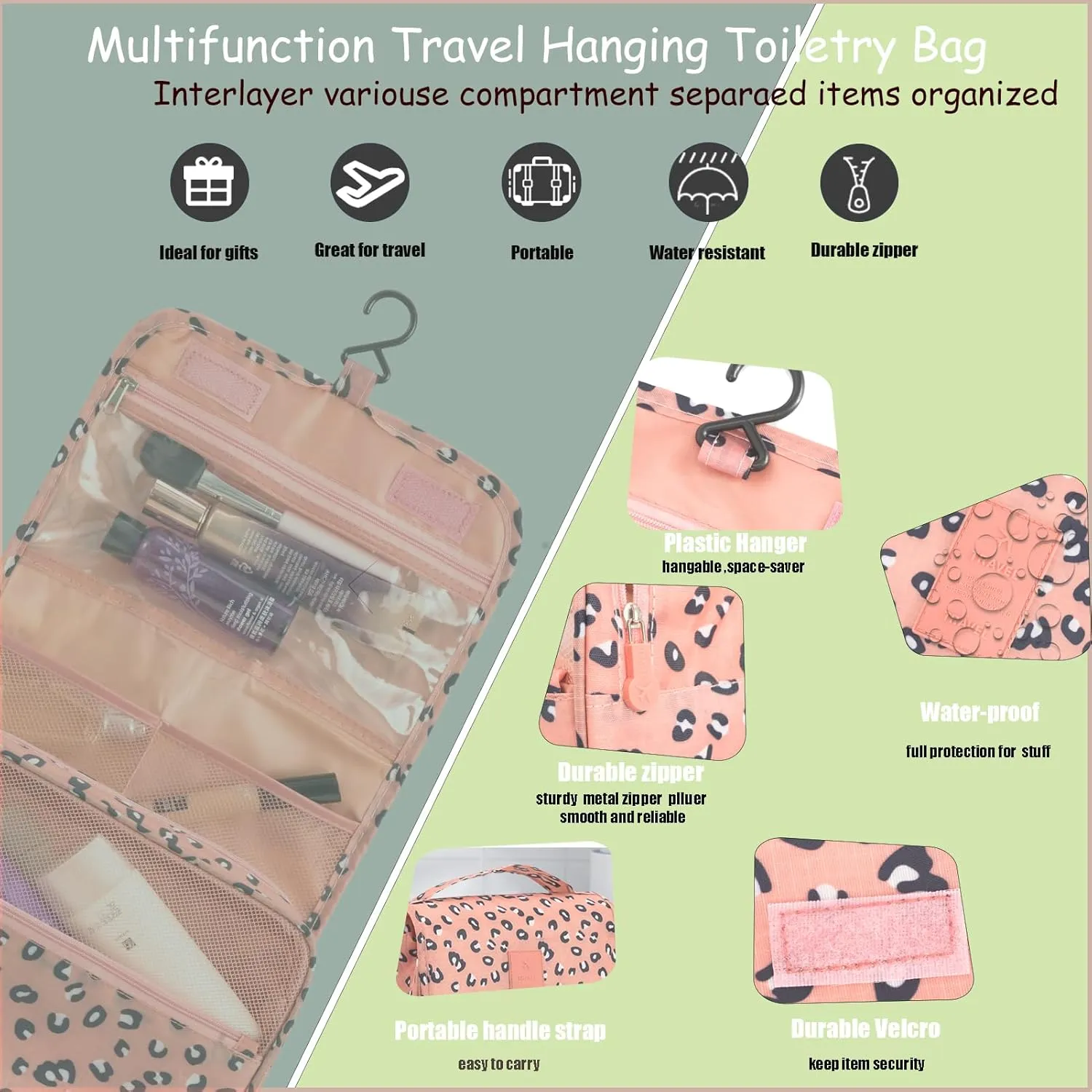 L&FY Hanging Travel Toiletry Bag Women's Cosmetic Organizer Makeup Pouch Men's Dopp Kits With Handle(Pink Leopard)