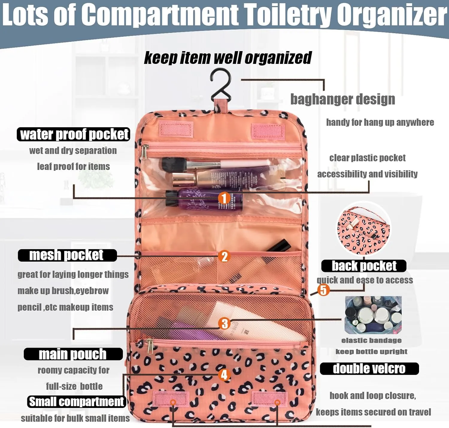L&FY Hanging Travel Toiletry Bag Women's Cosmetic Organizer Makeup Pouch Men's Dopp Kits With Handle(Pink Leopard)