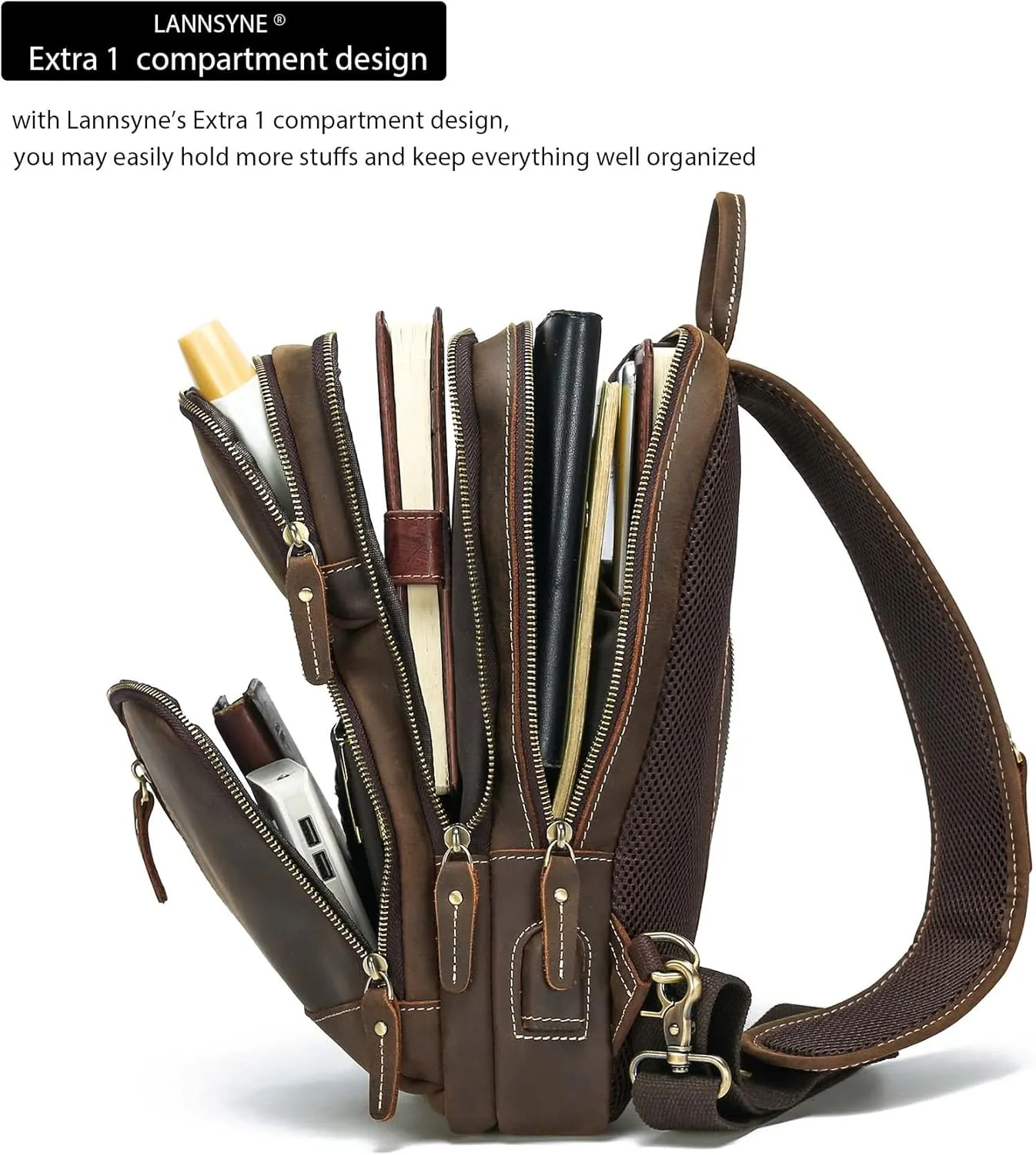 LANNSYNE Full Grain Leather Sling Bag For Men Crossbody Chest Daypack fits 10.5" iPad