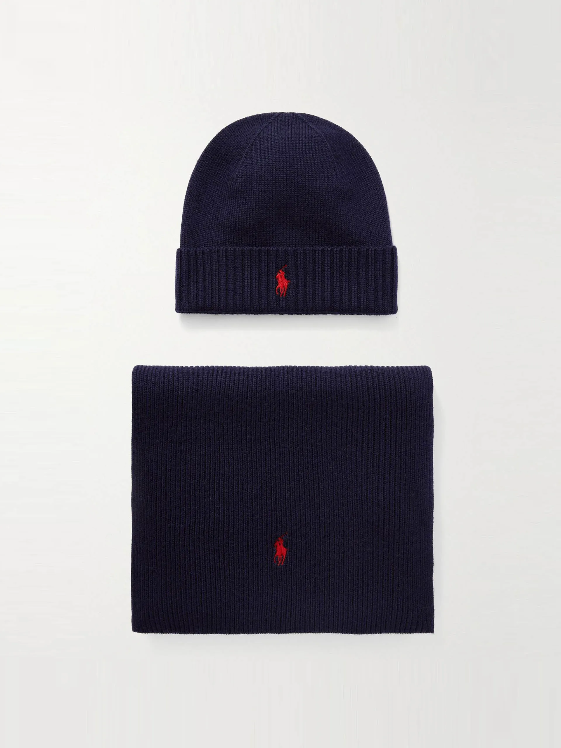Logo-embroidered ribbed wool scarf and beanie set