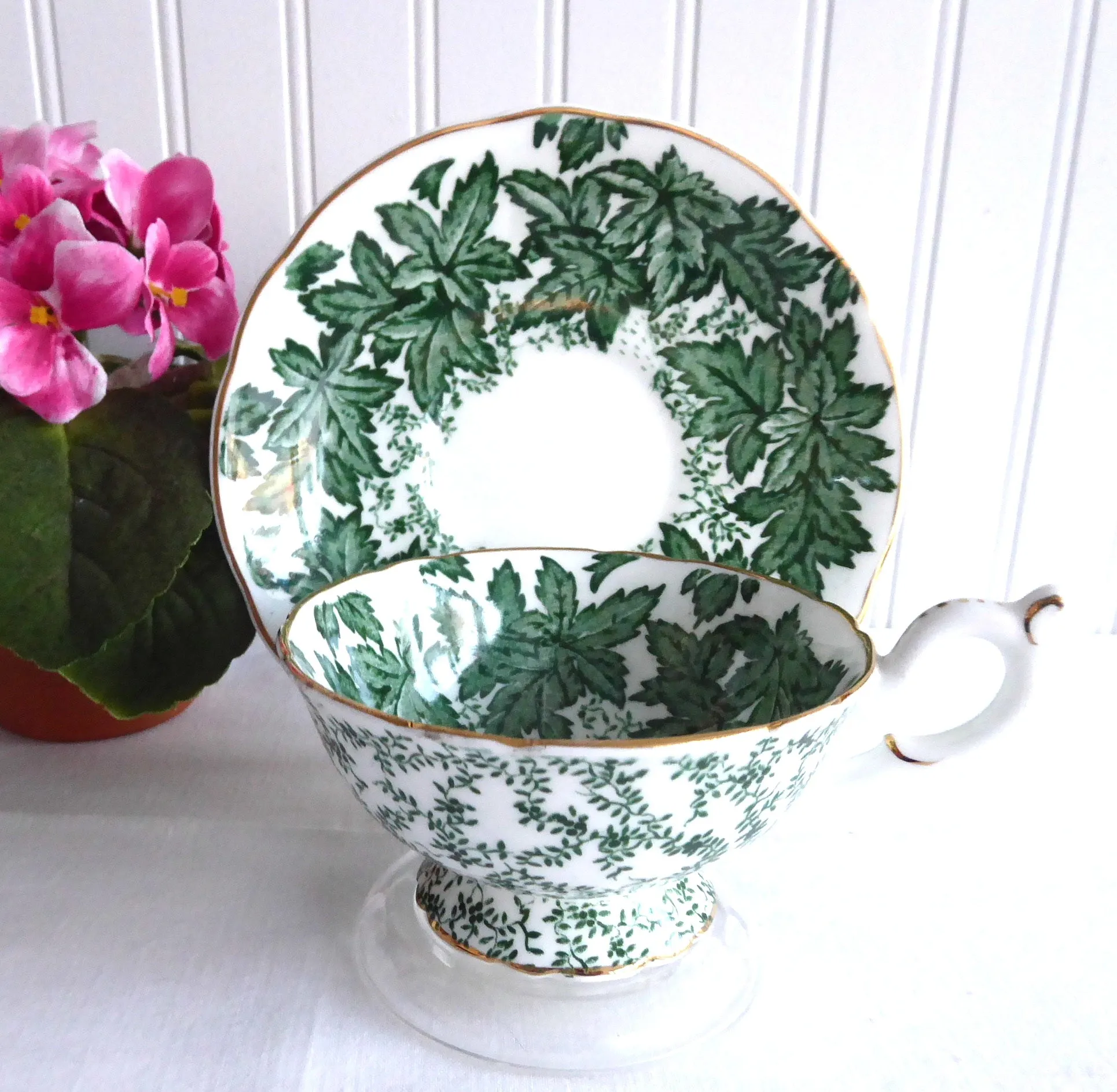 Maple Time Chintz Cup And Saucer Coalport Bone China Green Leaves 1949-1960