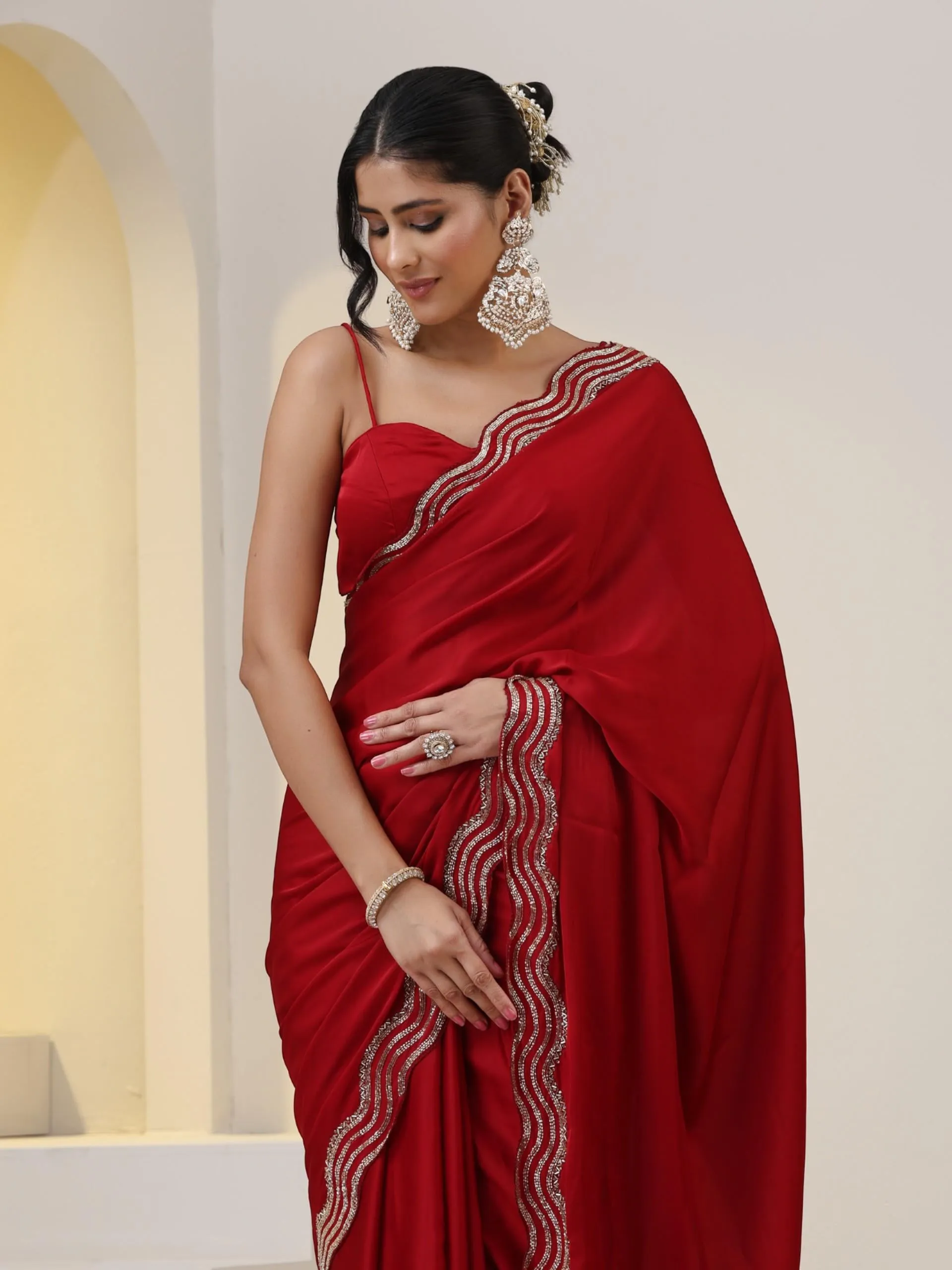 Milano Red Satin Saree with Hand embroidery with Blouse Fabric