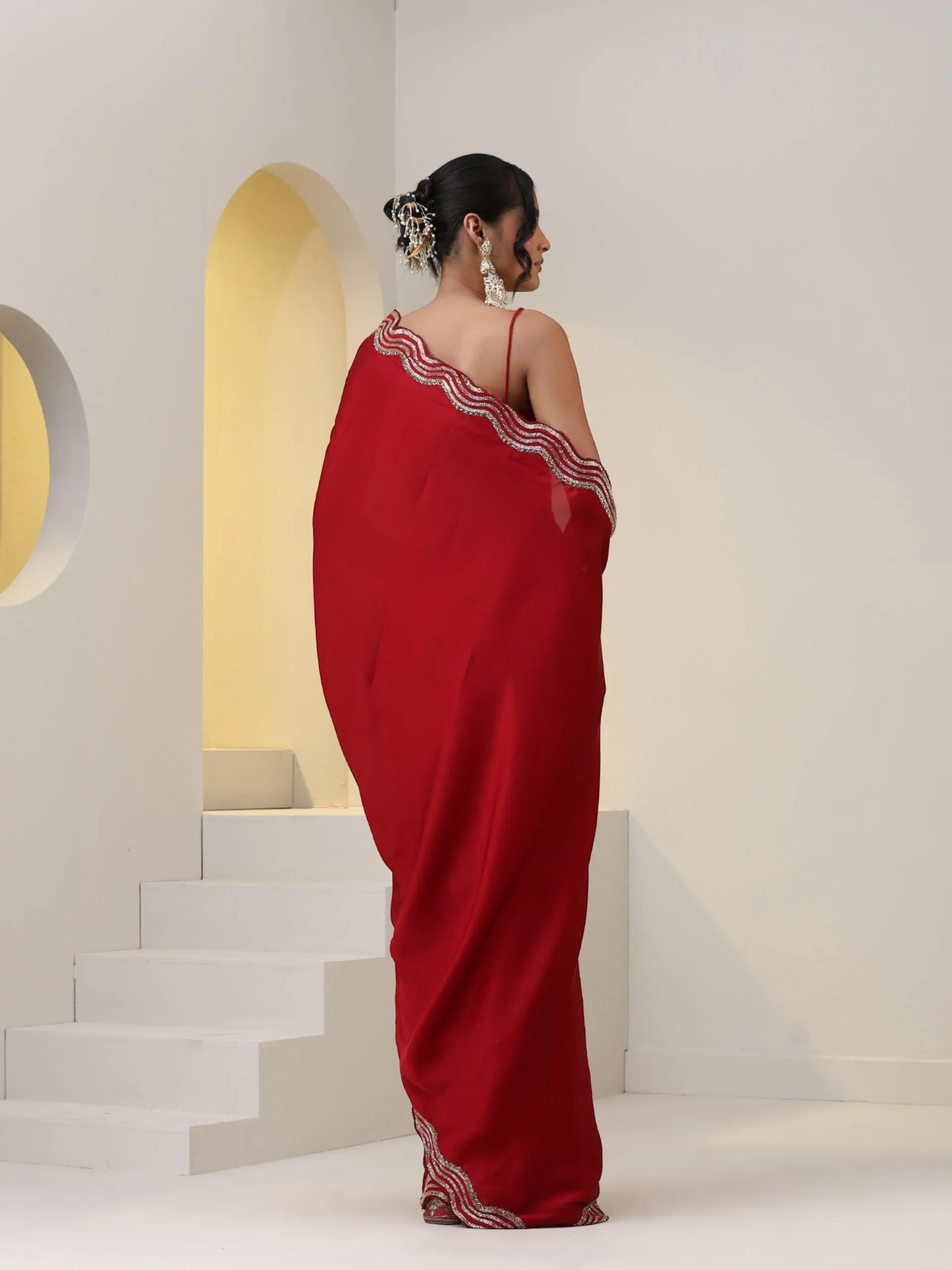 Milano Red Satin Saree with Hand embroidery with Blouse Fabric