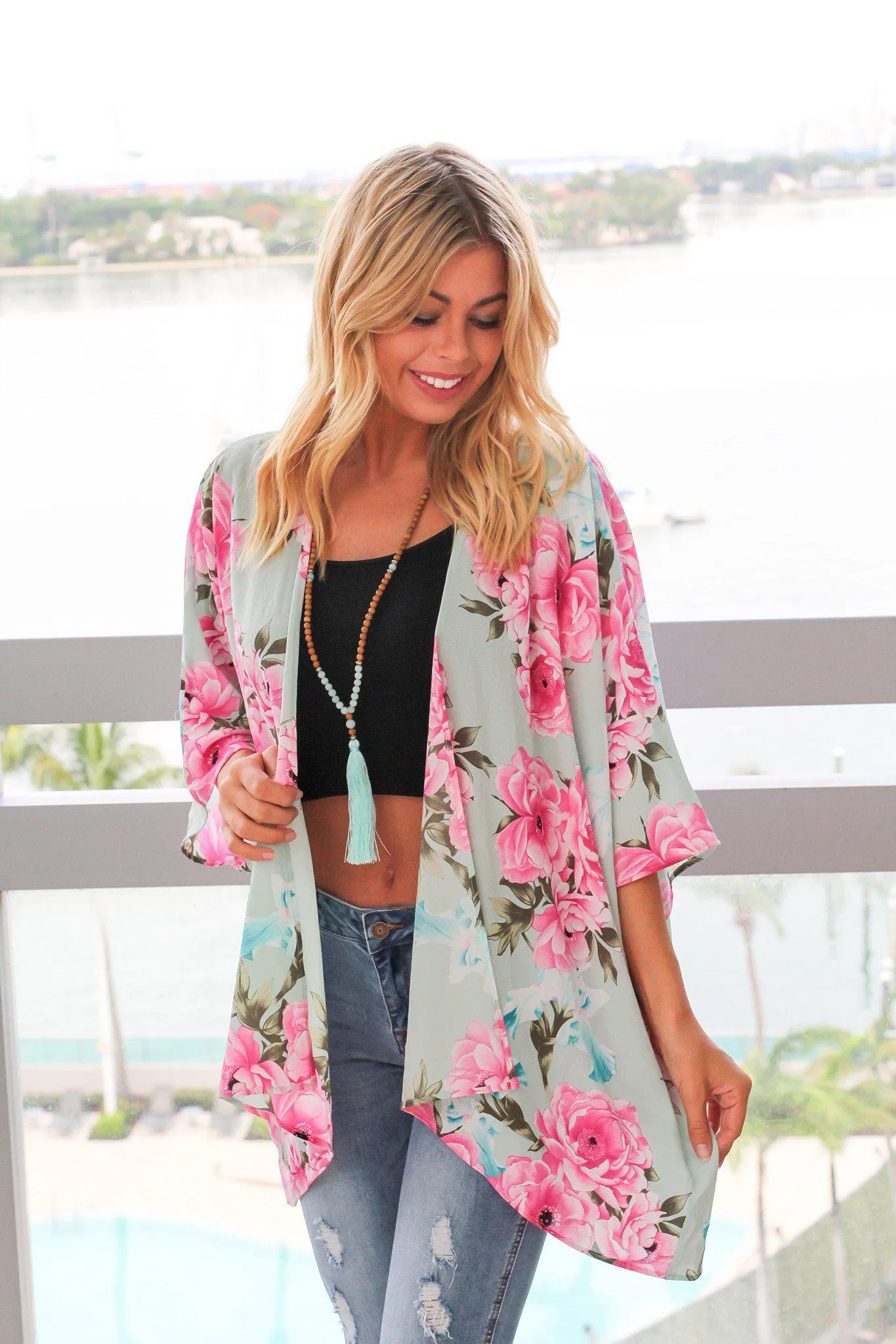 Mint and Pink Floral Kimono
