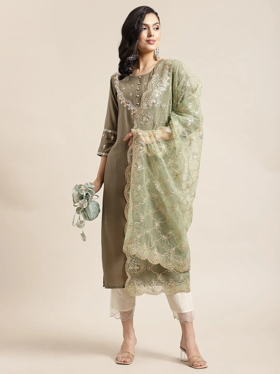 Olive Round Neck Kurta With Yoke And Sleeve Embroidery And Paired With Off-White Trouser Having Organza Scalloped Hem And Heavy Gota Embroidered Dupatta