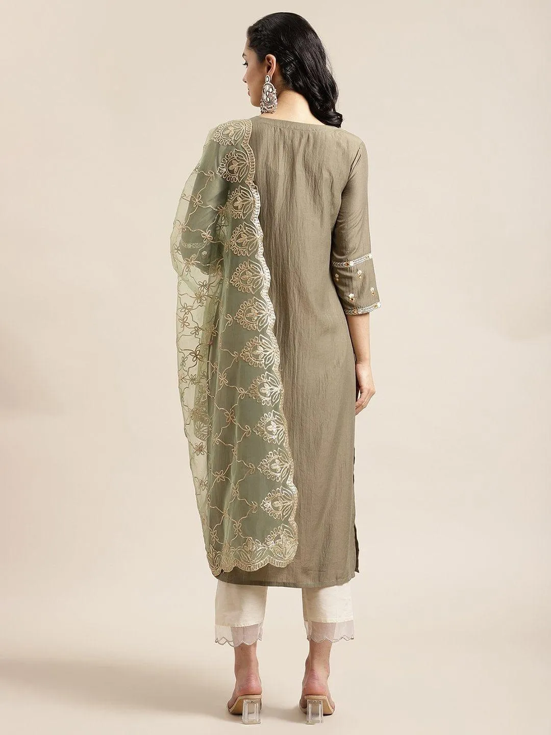 Olive Round Neck Kurta With Yoke And Sleeve Embroidery And Paired With Off-White Trouser Having Organza Scalloped Hem And Heavy Gota Embroidered Dupatta