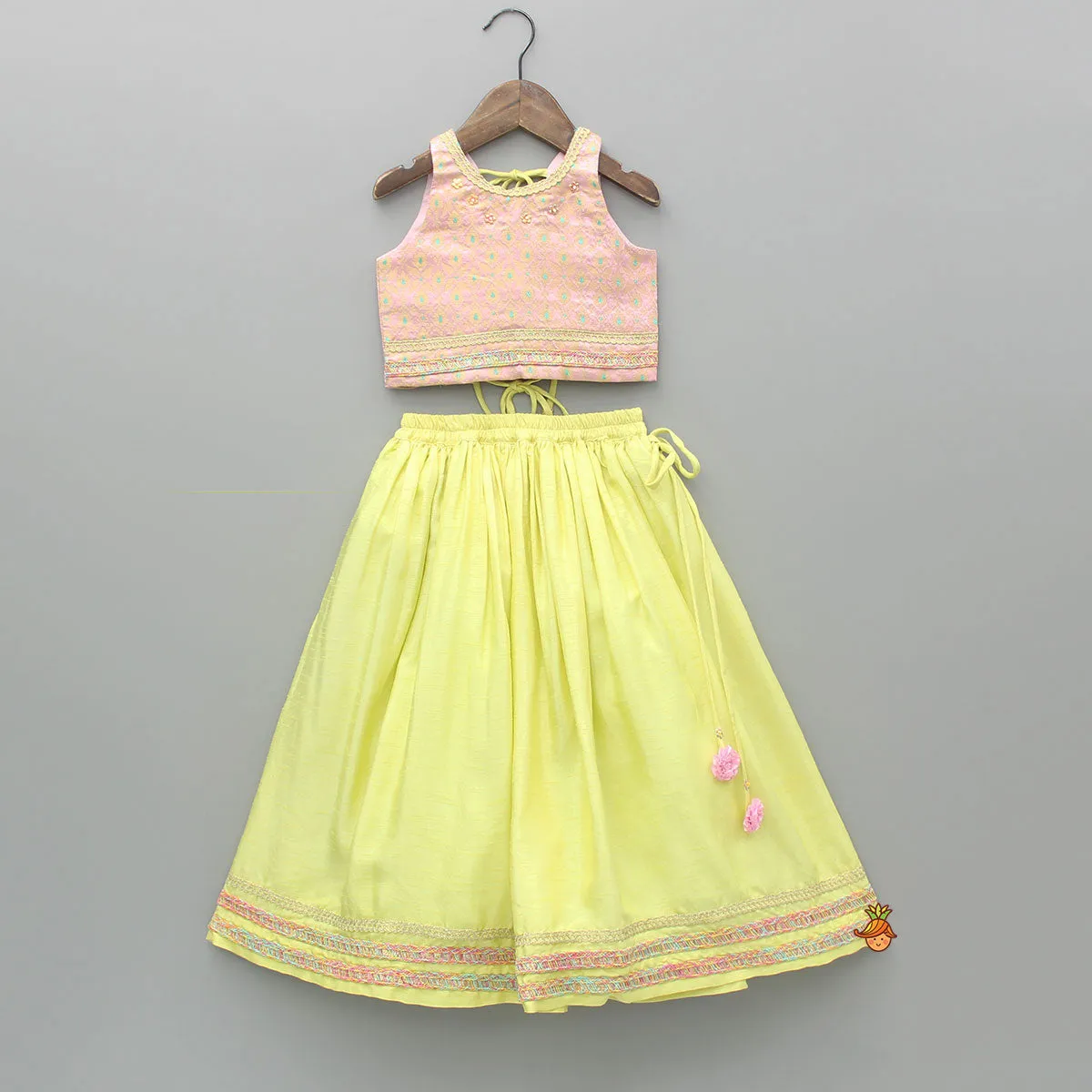 Pre Order: Brocade Embroidered Top With Lehenga And Dupatta