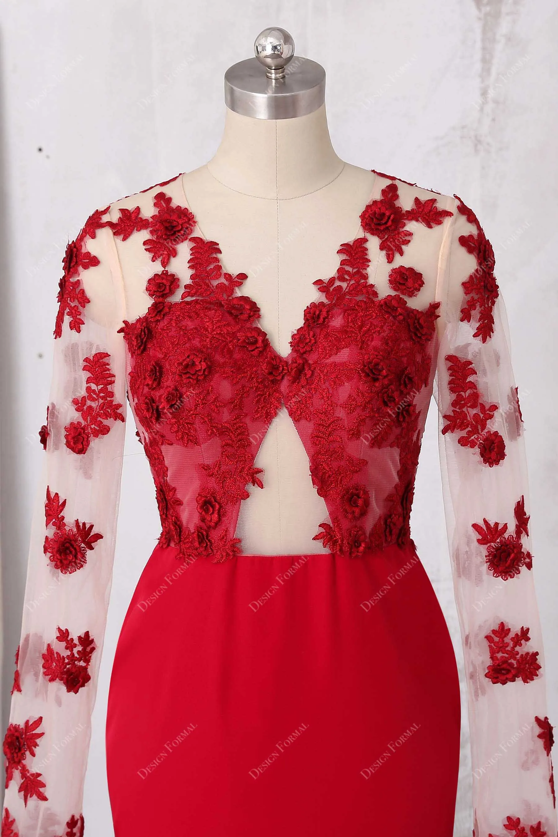 Red 3D Roses Flowers Illusion cutout Dramatic Trumpet Prom Dress
