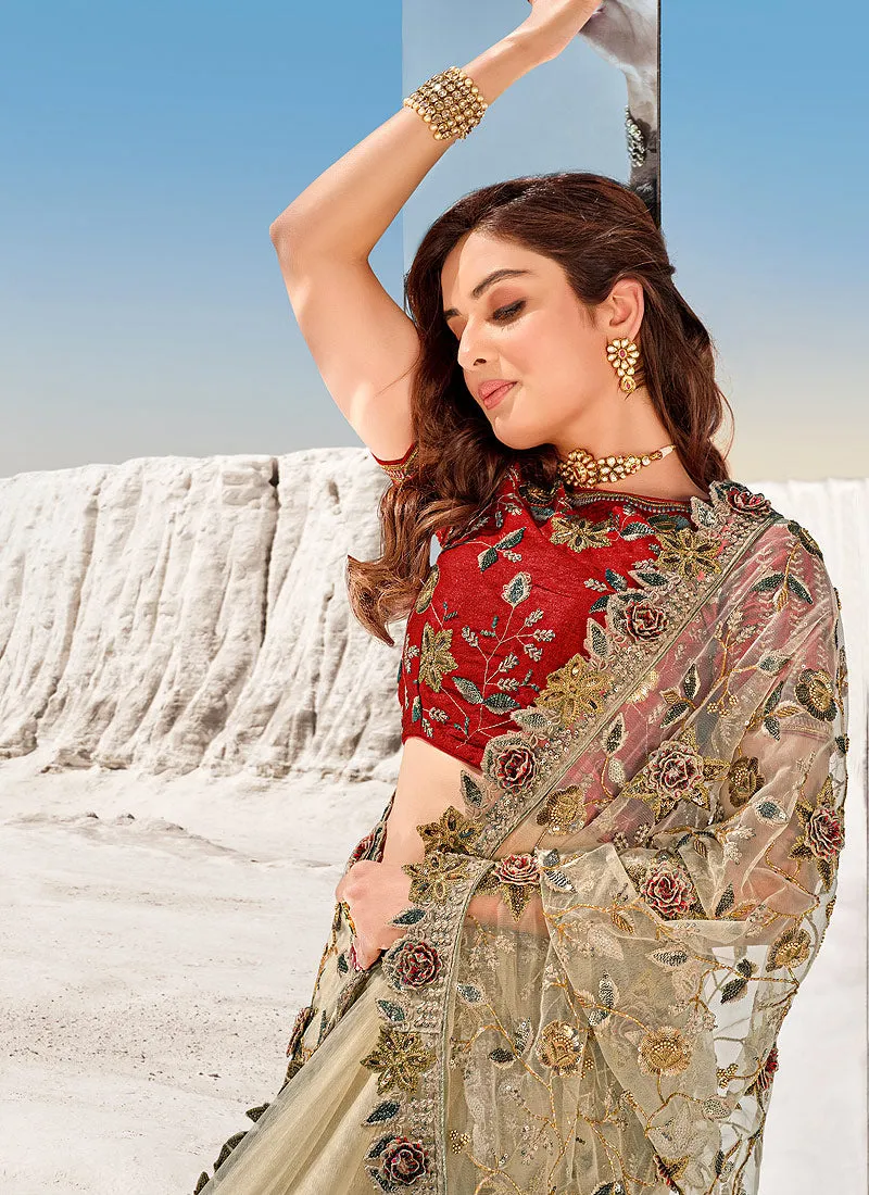 Red And Beige Cutwork Embroidered Indian Designer Saree