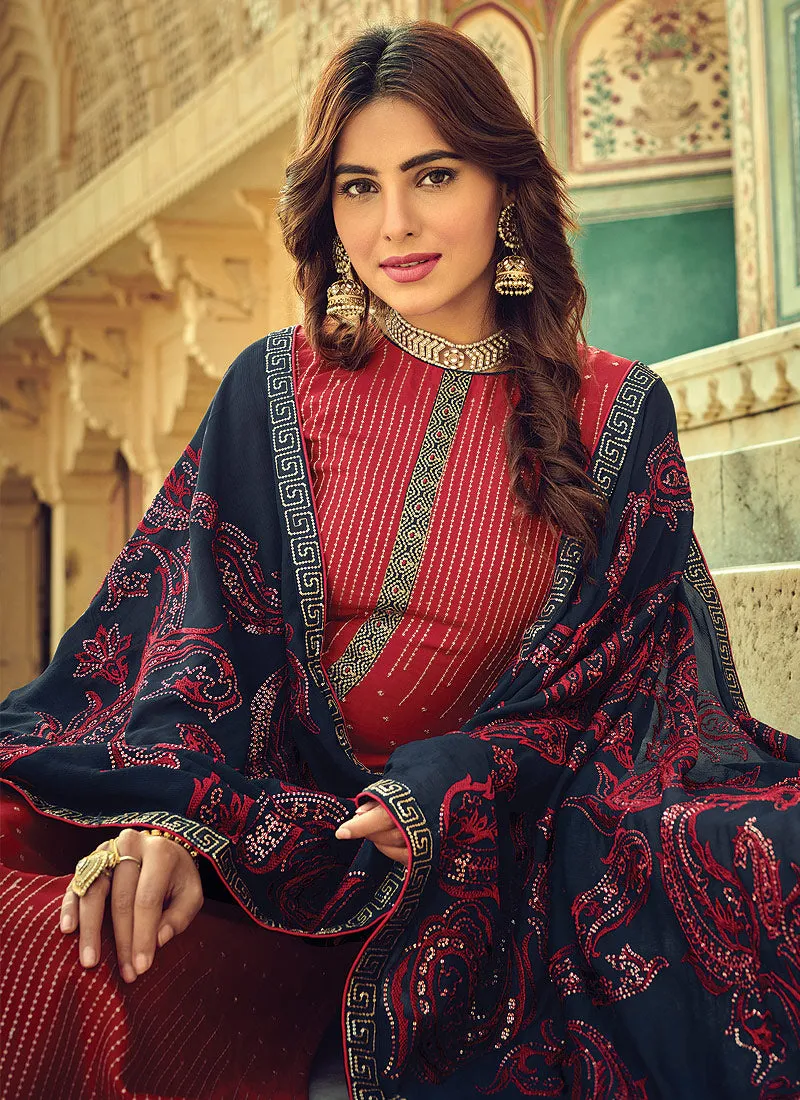 Red And Blue Multi Embroidered Palazzo Suit