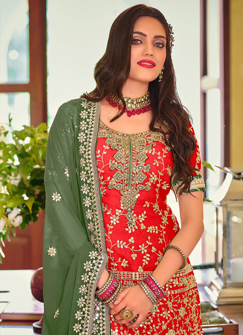 Red And Green Golden Embroidered Wedding Sharara Suit