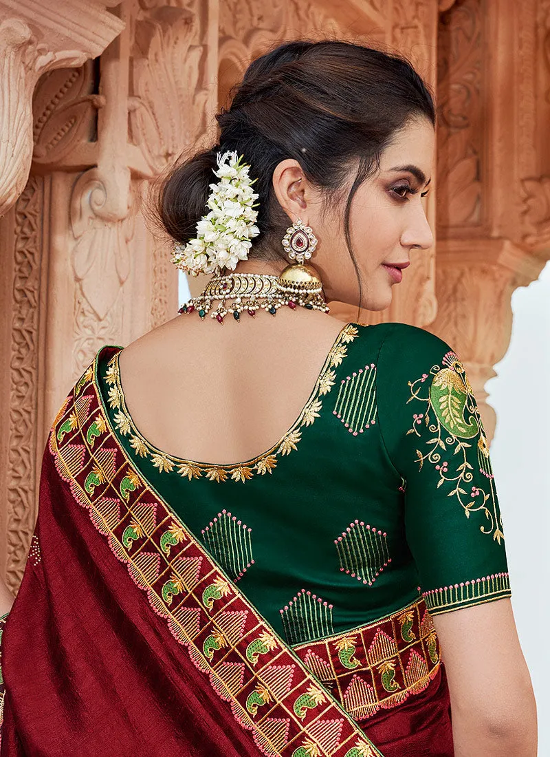 Red And Green Multi Embroidered Saree