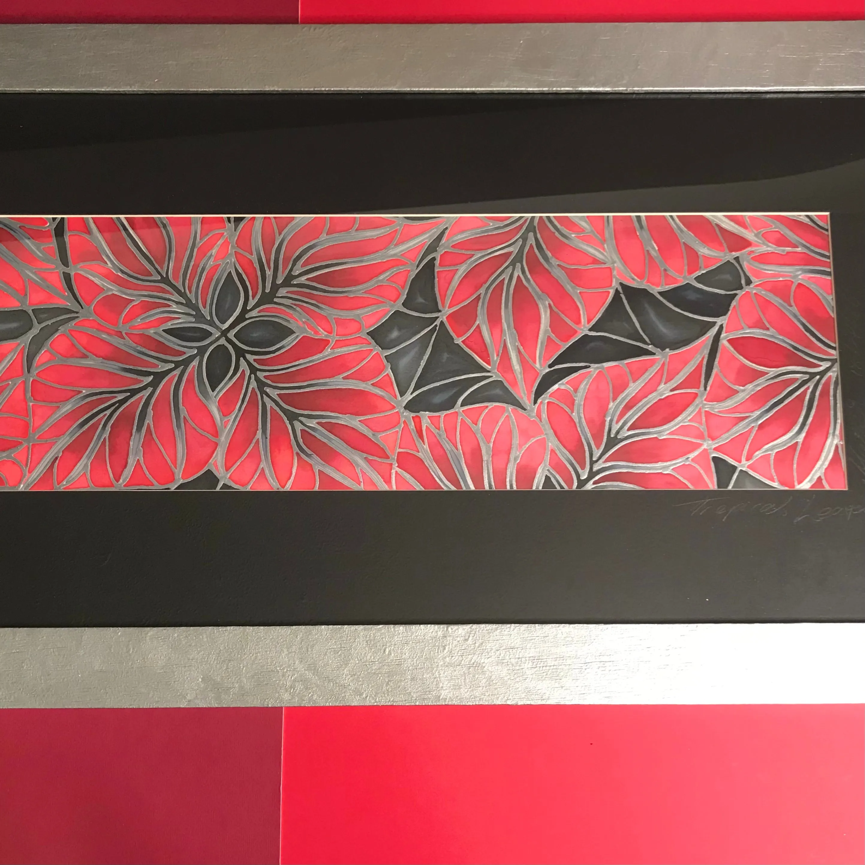Red Black Silver Tropical Leaves Original Silk Painting - Hand-Painted Silk Art - Dramatic red black silver Art