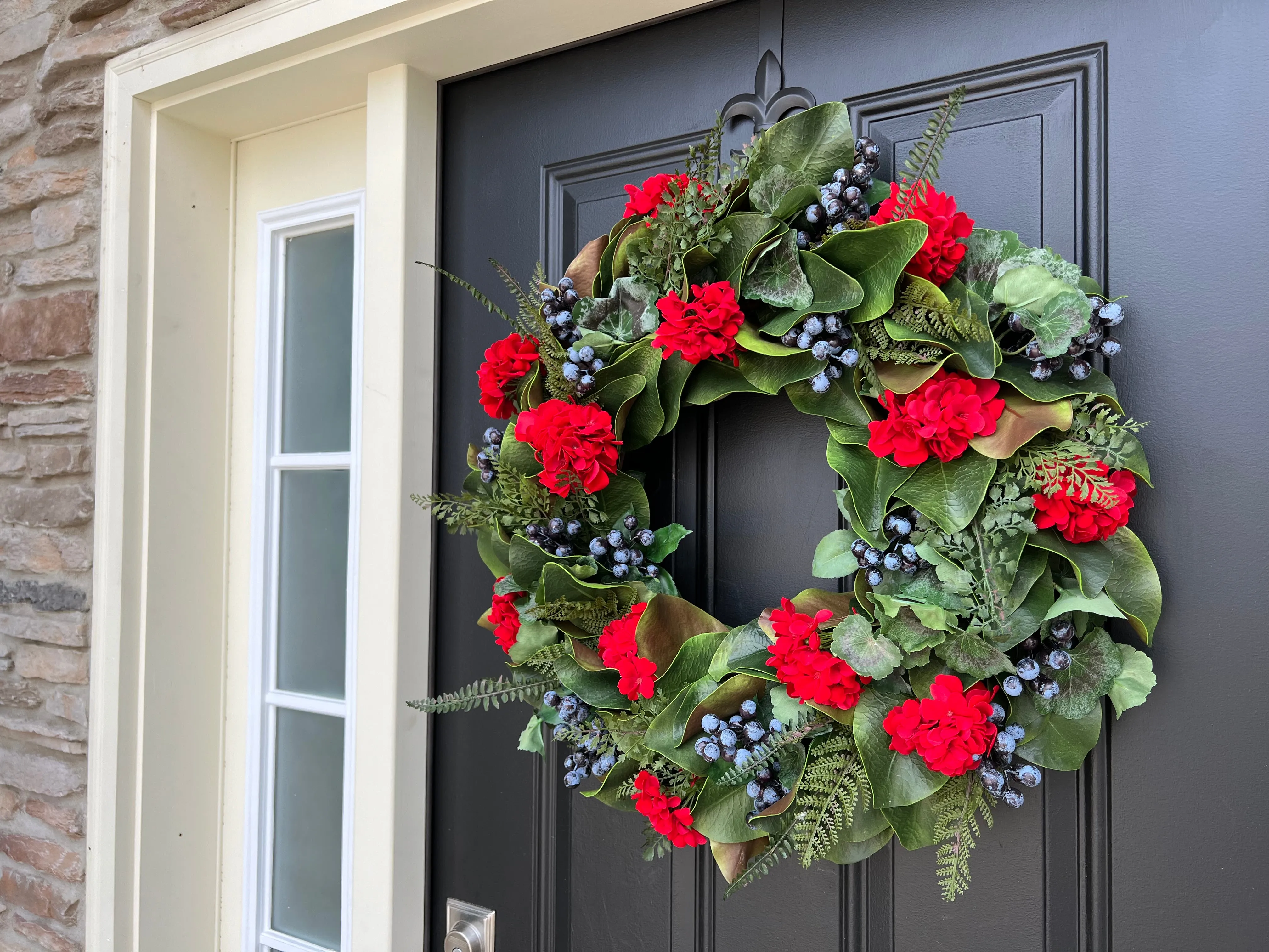 Red Geranium and Magnolia Wreath with Fern and Blueberries