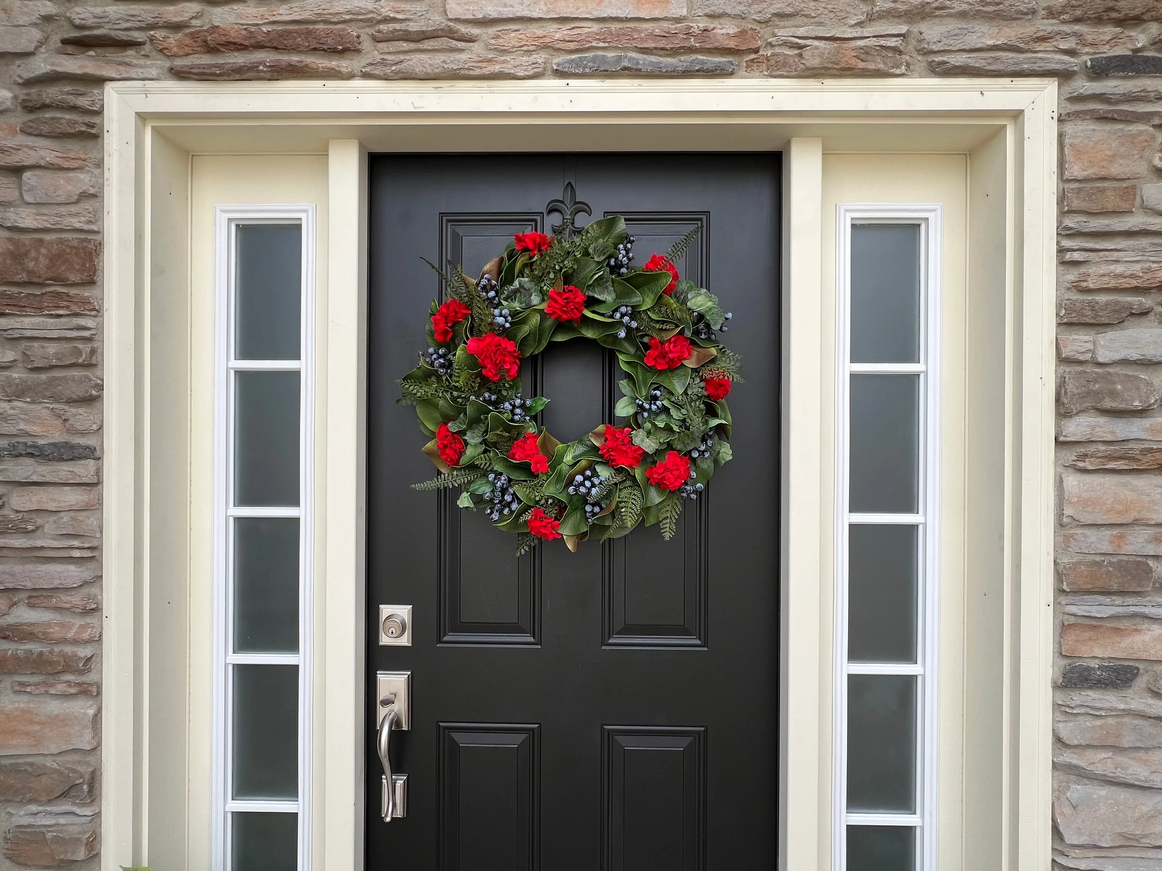 Red Geranium and Magnolia Wreath with Fern and Blueberries