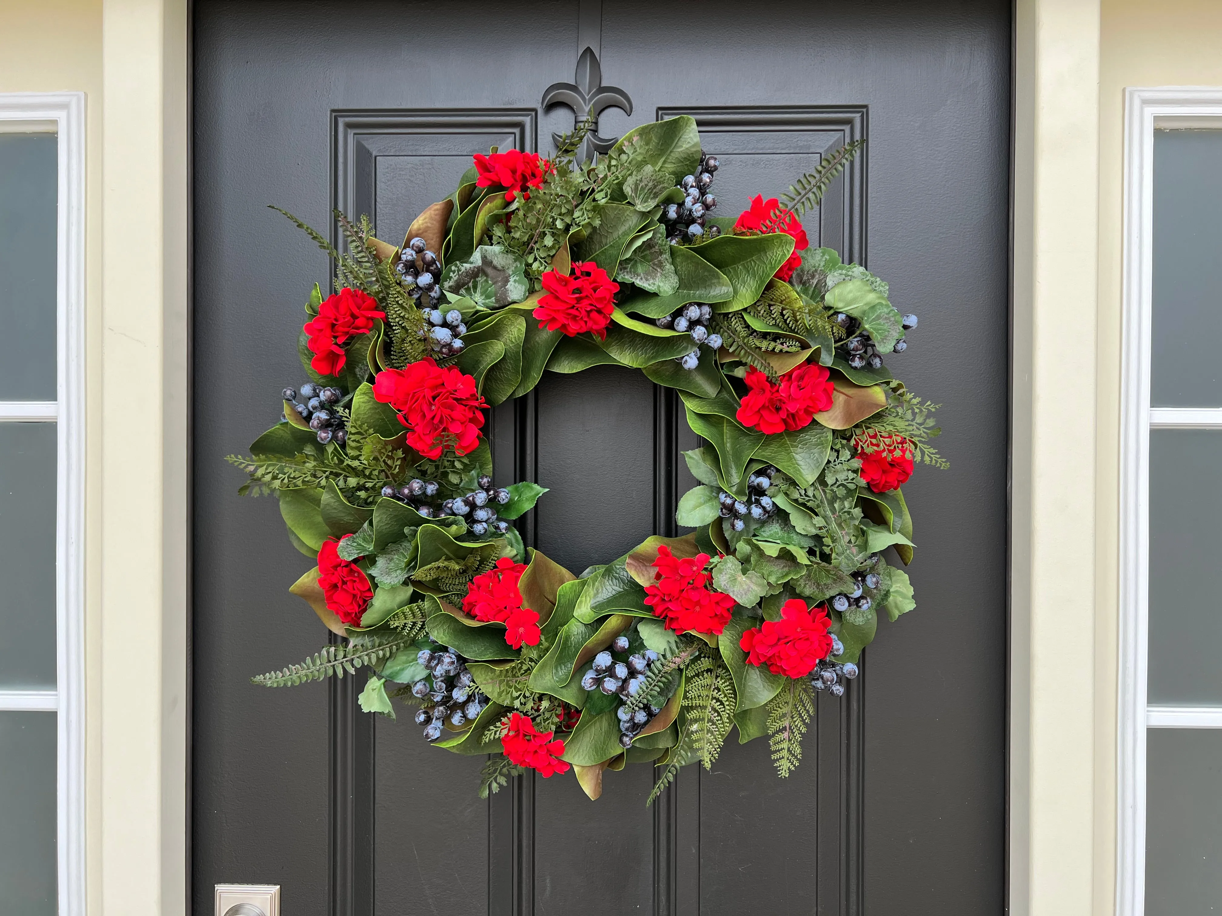 Red Geranium and Magnolia Wreath with Fern and Blueberries