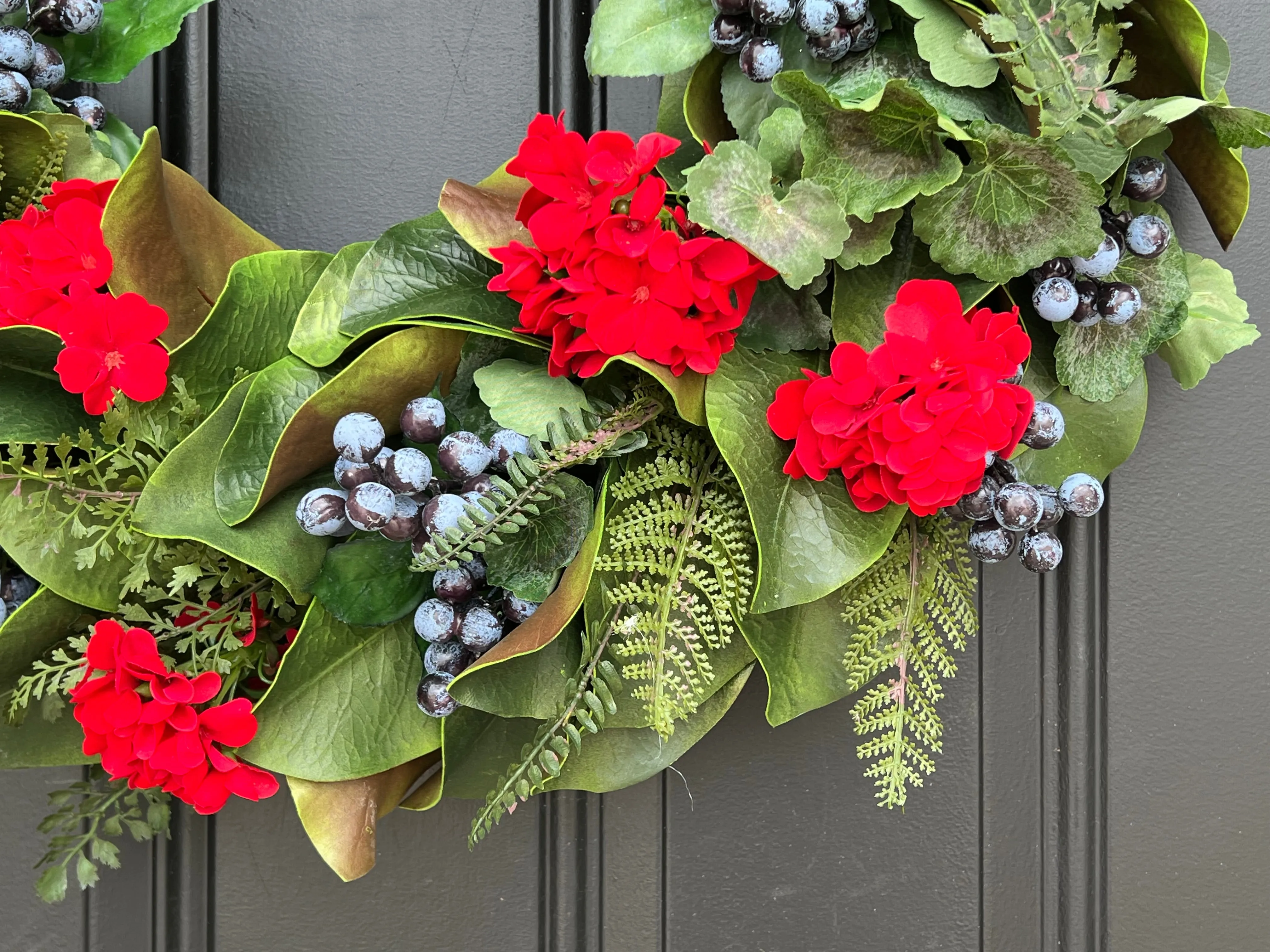 Red Geranium and Magnolia Wreath with Fern and Blueberries