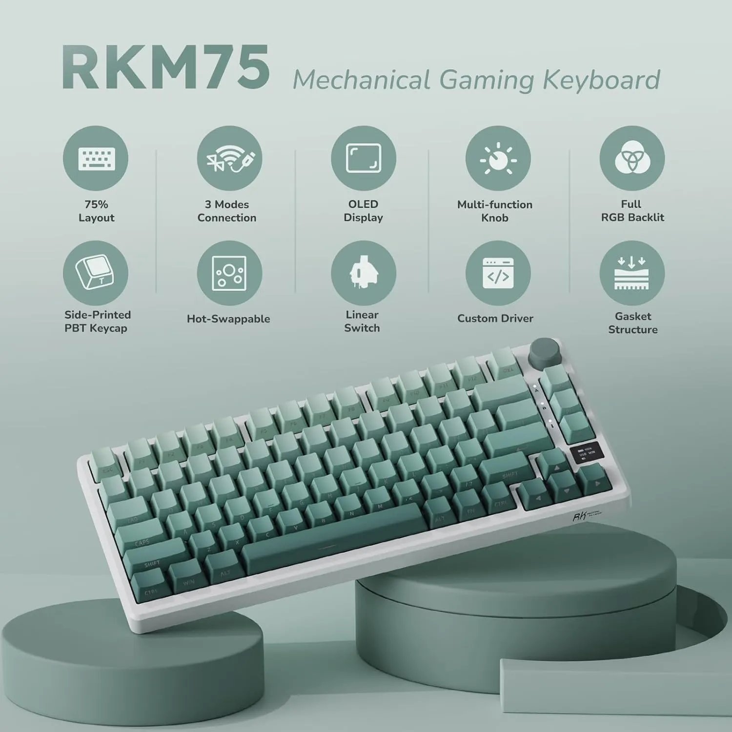 RK ROYAL KLUDGE M75 Wireless Mechanical Keyboard with OLED Display & Knob 2.4GHz/BT5.1/Wired Gaming Keyboard 75% Gasket Mounted 81-Key Side Printed PBT Keycap, RGB Backlit Hot Swappable Cloud Switch