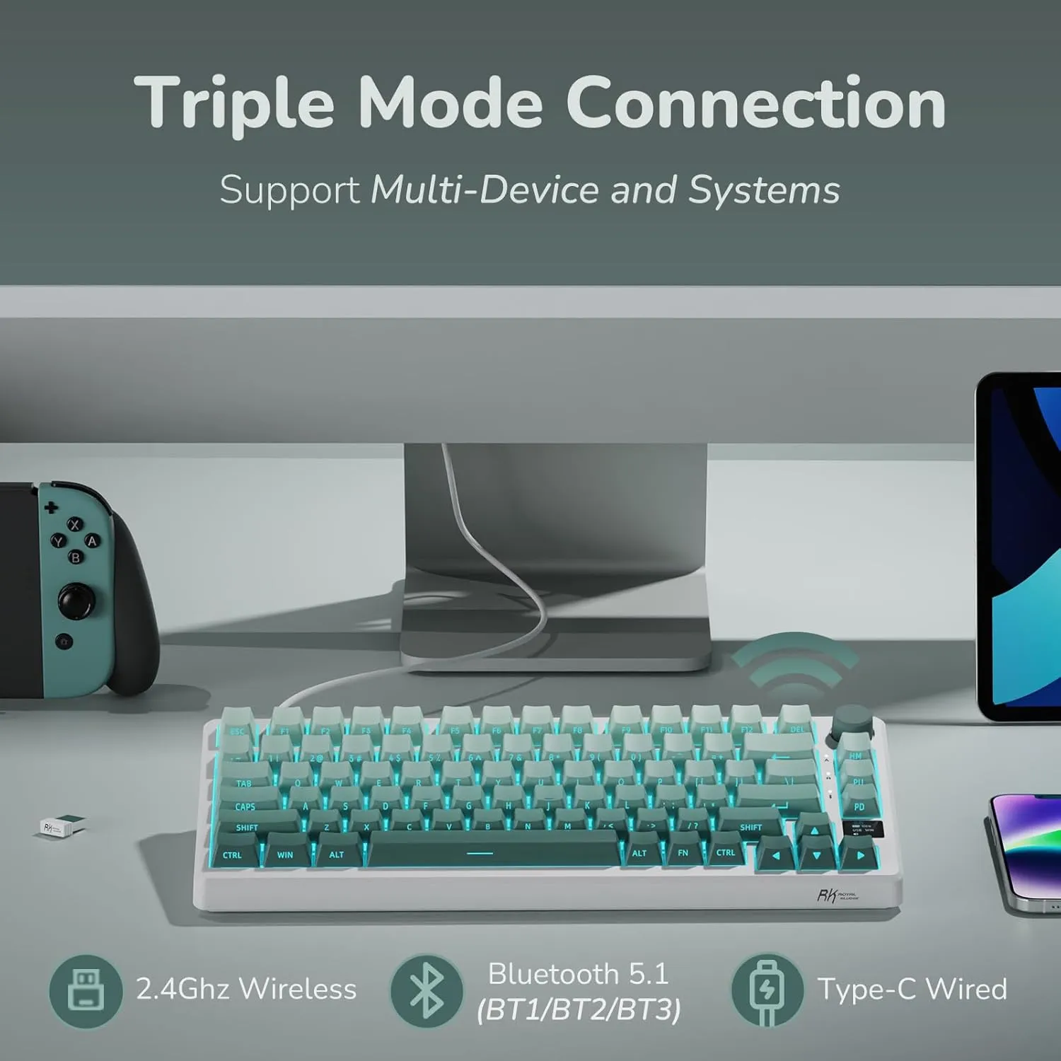 RK ROYAL KLUDGE M75 Wireless Mechanical Keyboard with OLED Display & Knob 2.4GHz/BT5.1/Wired Gaming Keyboard 75% Gasket Mounted 81-Key Side Printed PBT Keycap, RGB Backlit Hot Swappable Cloud Switch