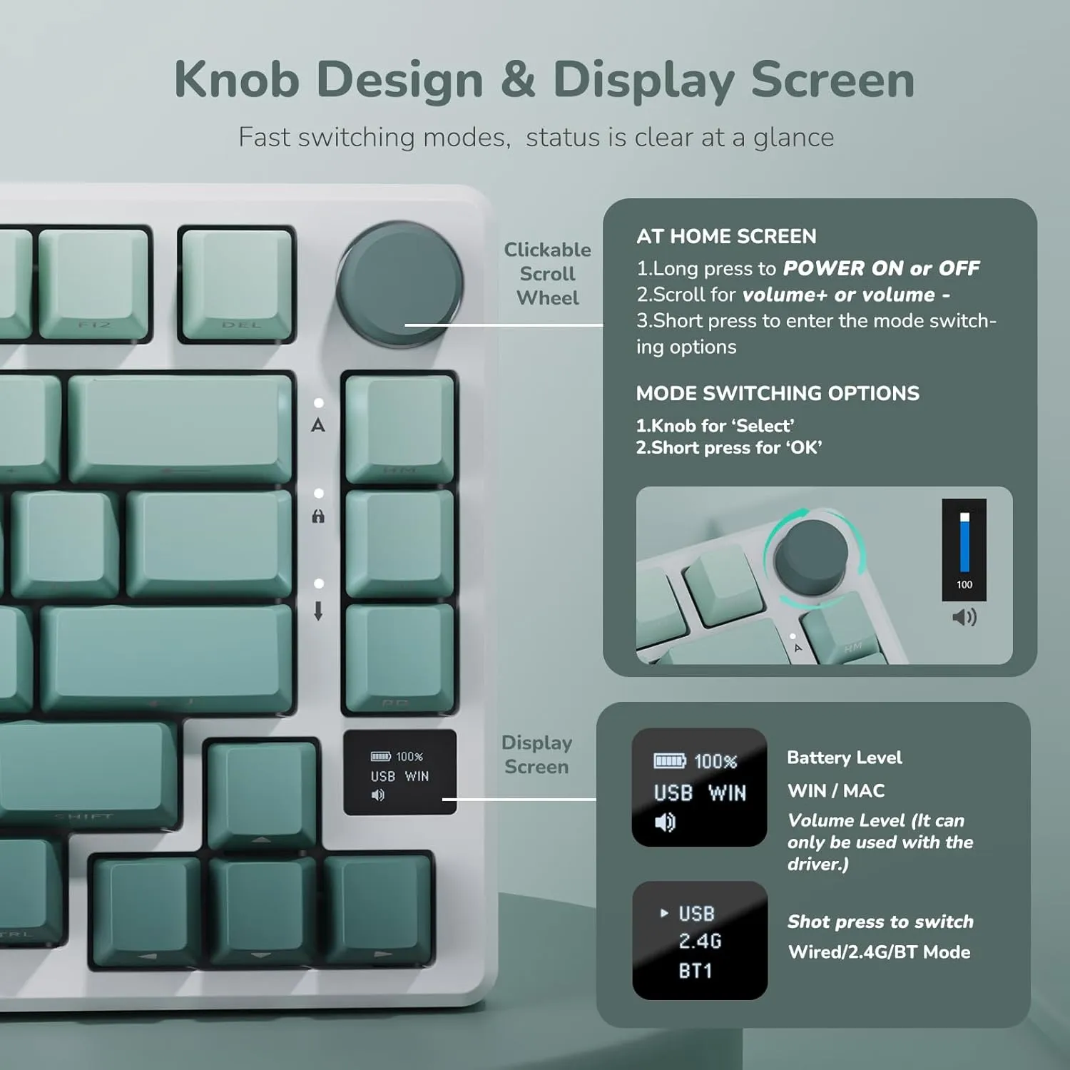 RK ROYAL KLUDGE M75 Wireless Mechanical Keyboard with OLED Display & Knob 2.4GHz/BT5.1/Wired Gaming Keyboard 75% Gasket Mounted 81-Key Side Printed PBT Keycap, RGB Backlit Hot Swappable Cloud Switch