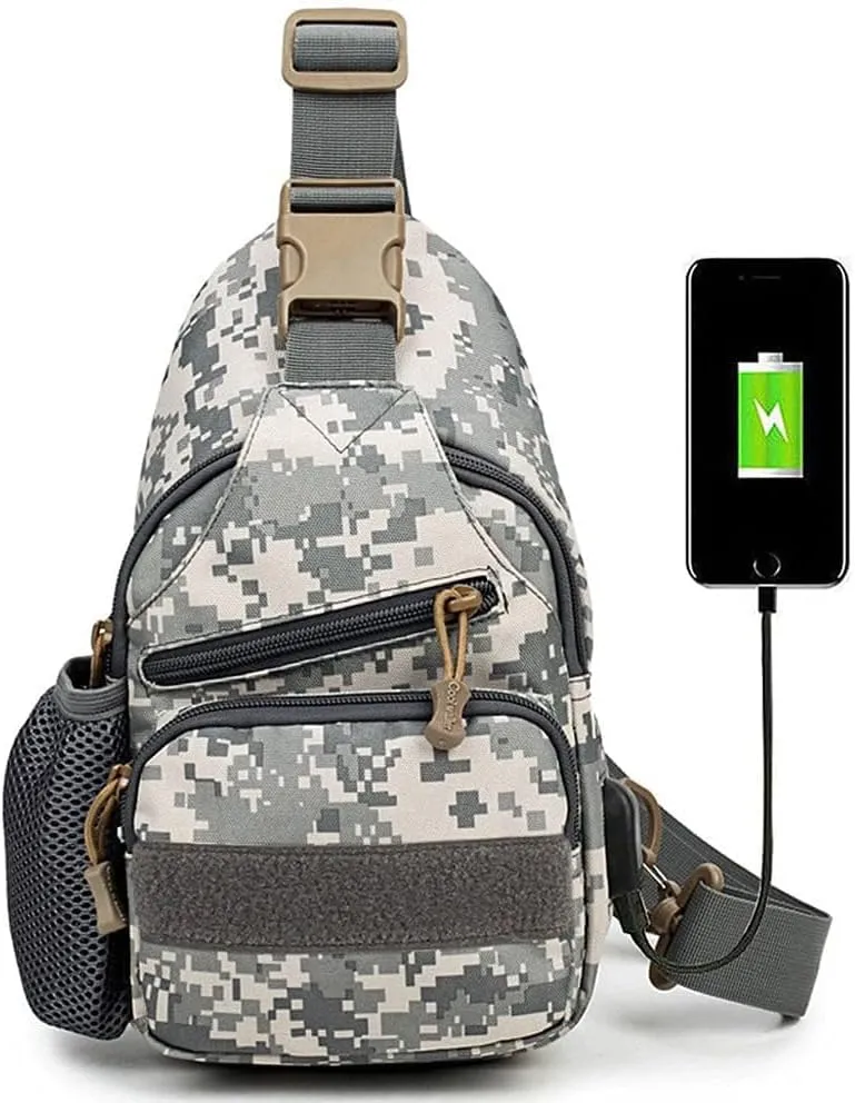 RTGGSEL Men's Camouflage Tactical Sling Shoulder Bags Travel Military MOLLE EDC Crossbody Chest Bag with USB Charging Port (ACU Camouflage)