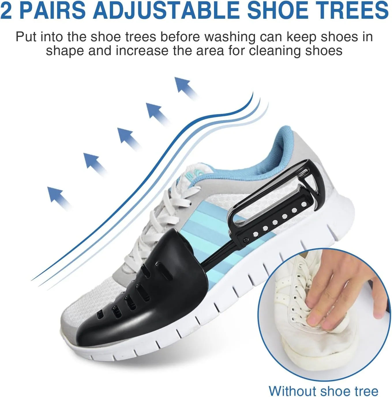 Shoe Washing Bag for Washing Machine, Fluffy Fibers Keep 360 Wrap-around Cleaning, 2 Pairs Adjustable Shoe Trees, Durable Hidden Zipper Reusable Shoe Laundry Bag for Sneaker Gym Shoes White