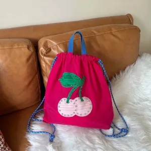 Sohiwoo Practical Lovely Korea Drawstring Exquisite Backpacks Sweet Panelled Embroidery Fresh Shopping Bags Print Cherry New Handbags