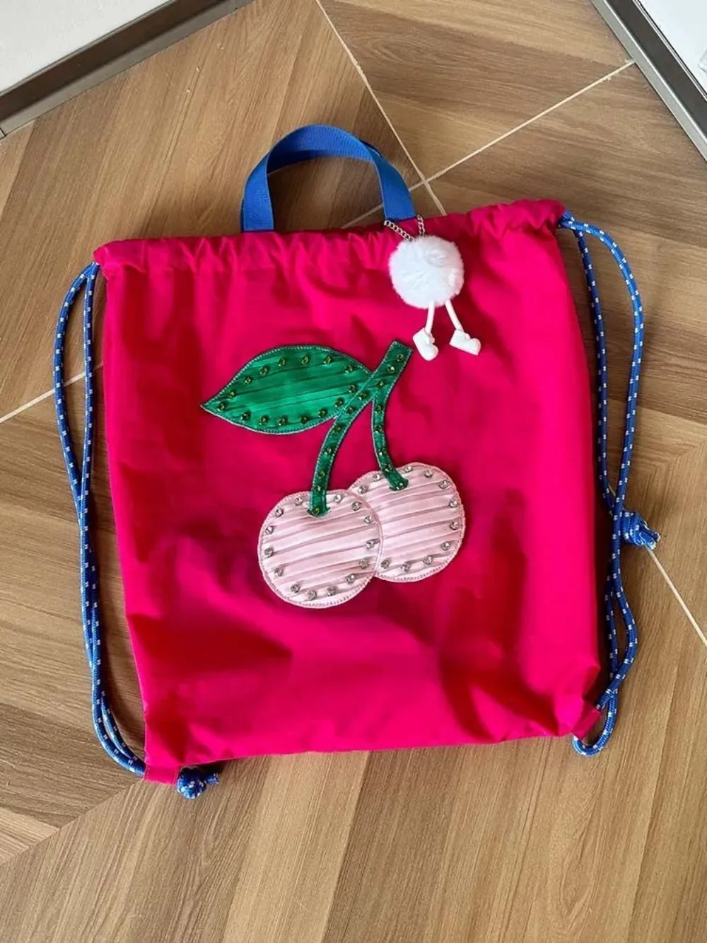 Sohiwoo Practical Lovely Korea Drawstring Exquisite Backpacks Sweet Panelled Embroidery Fresh Shopping Bags Print Cherry New Handbags