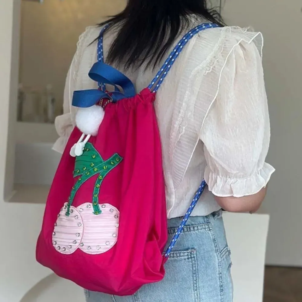 Sohiwoo Practical Lovely Korea Drawstring Exquisite Backpacks Sweet Panelled Embroidery Fresh Shopping Bags Print Cherry New Handbags