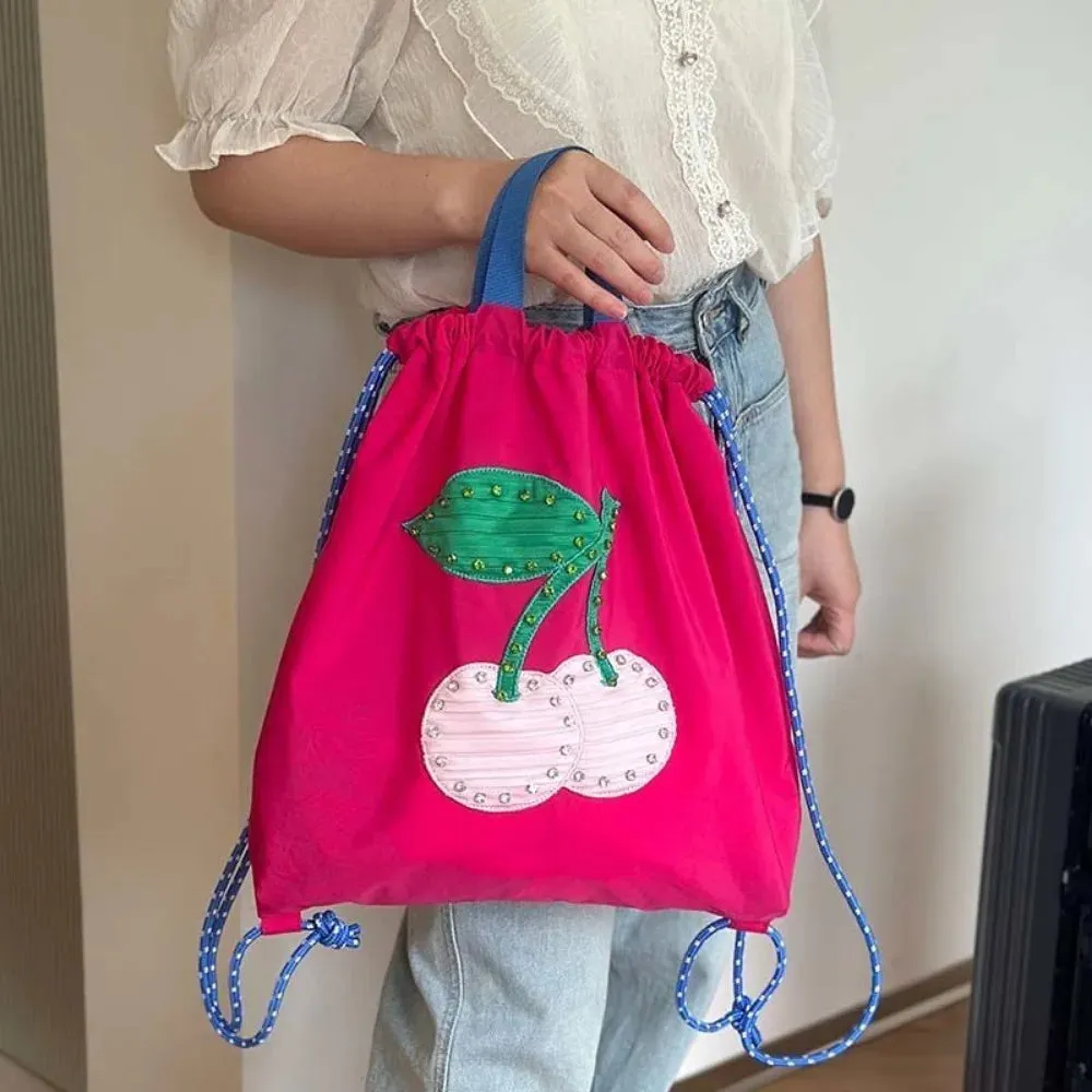 Sohiwoo Practical Lovely Korea Drawstring Exquisite Backpacks Sweet Panelled Embroidery Fresh Shopping Bags Print Cherry New Handbags