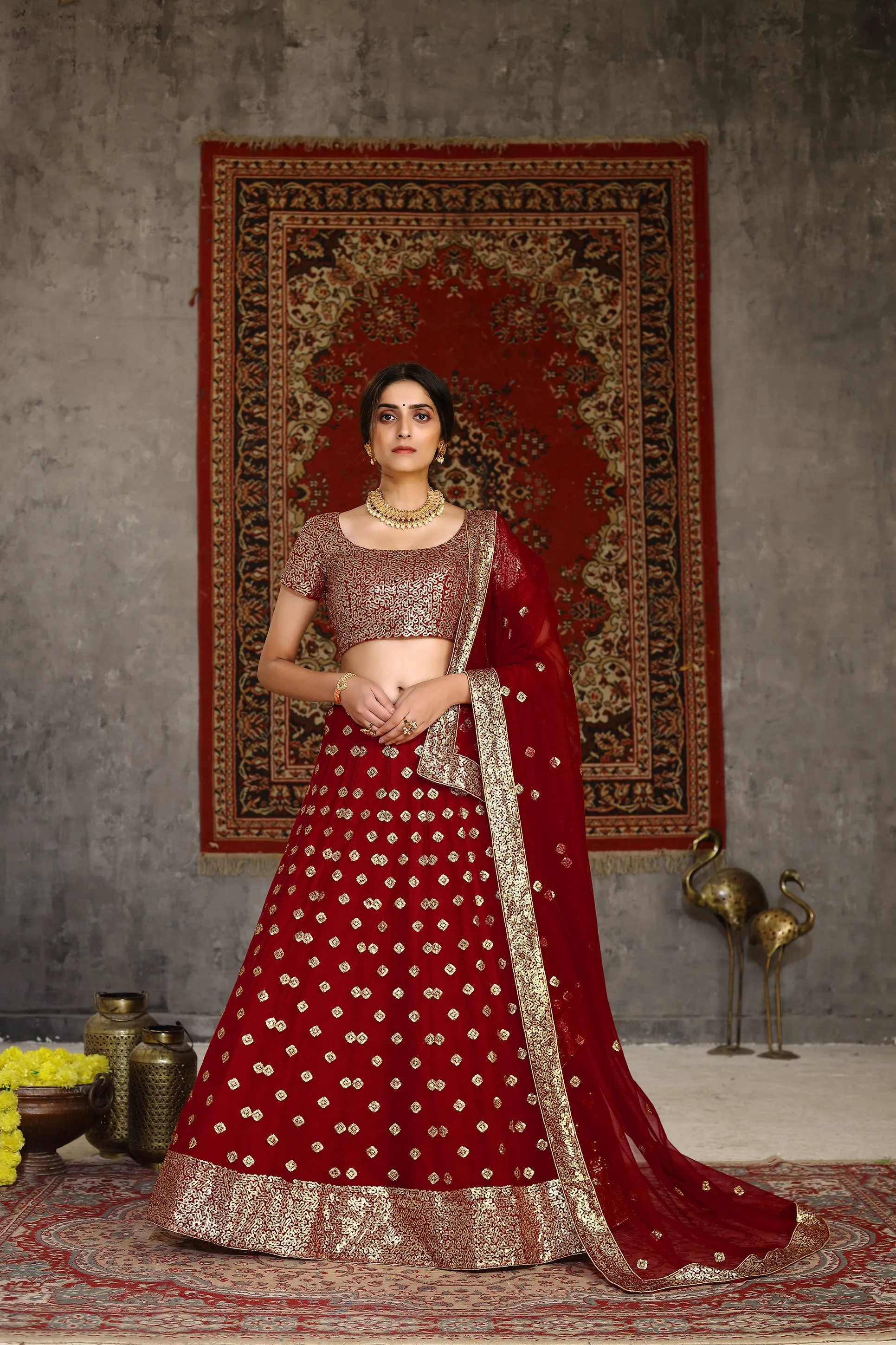 Sublime Red Sequins Embroidered Net Semi Stitched Bridal Lehenga