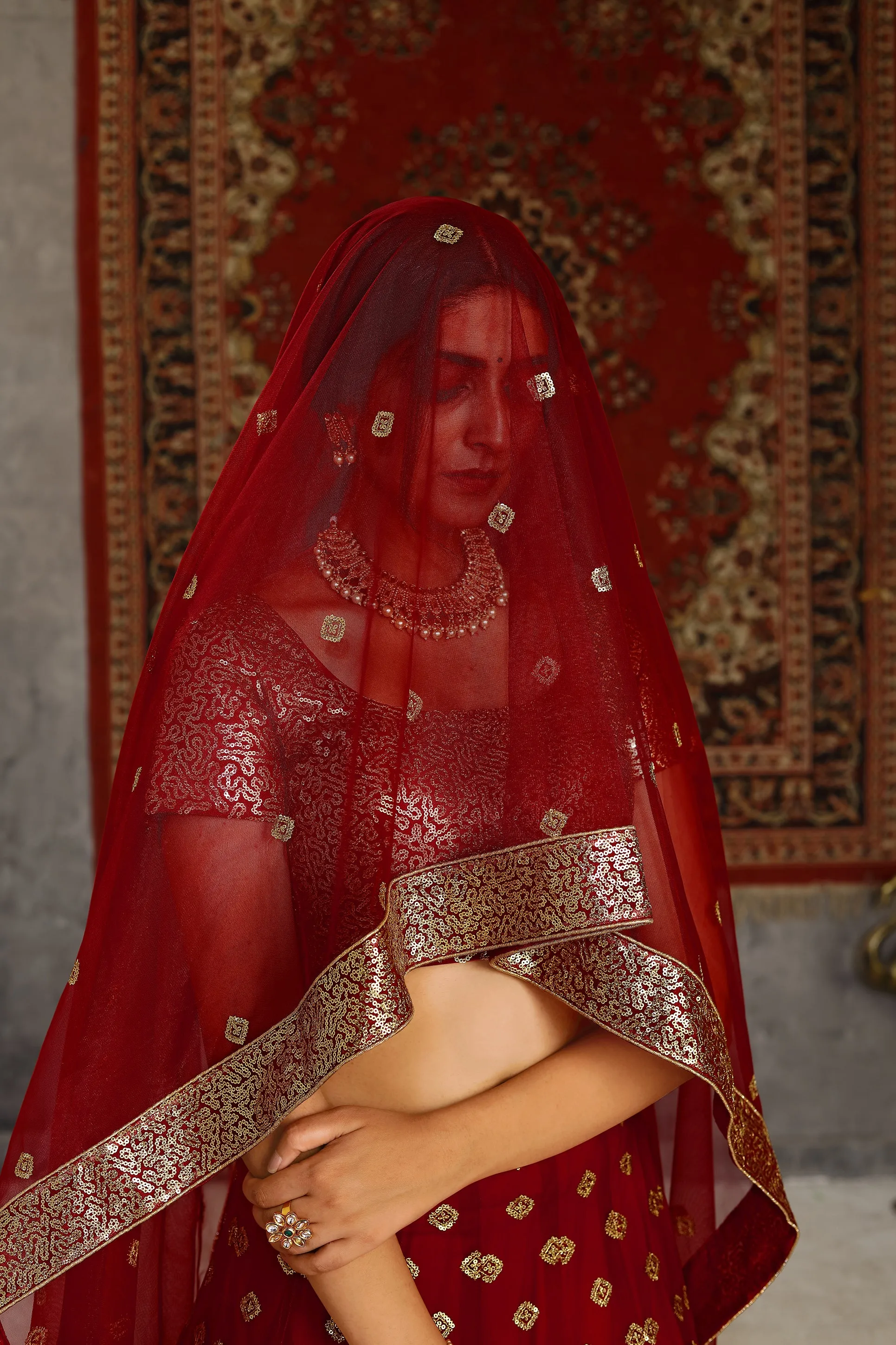 Sublime Red Sequins Embroidered Net Semi Stitched Bridal Lehenga