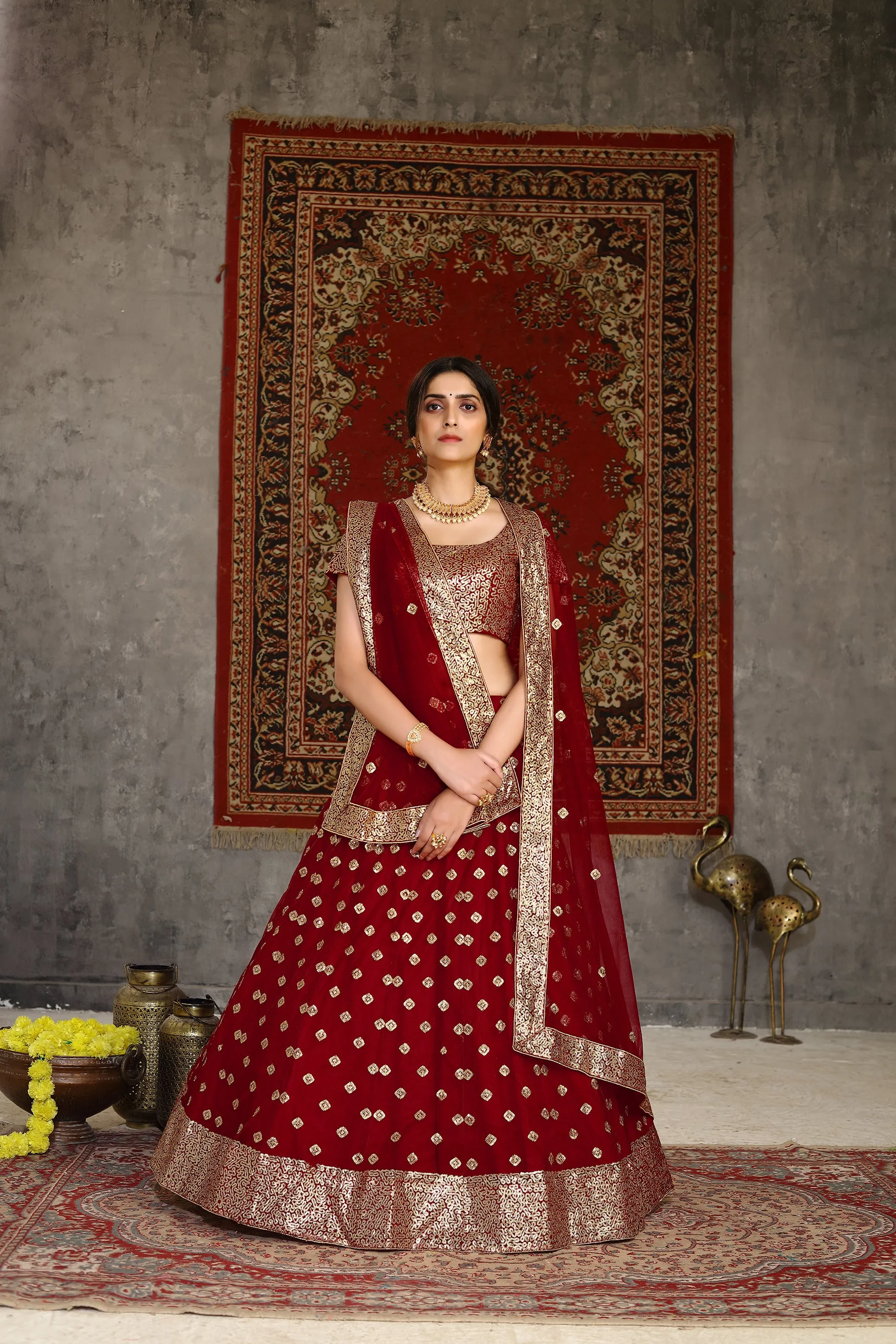 Sublime Red Sequins Embroidered Net Semi Stitched Bridal Lehenga