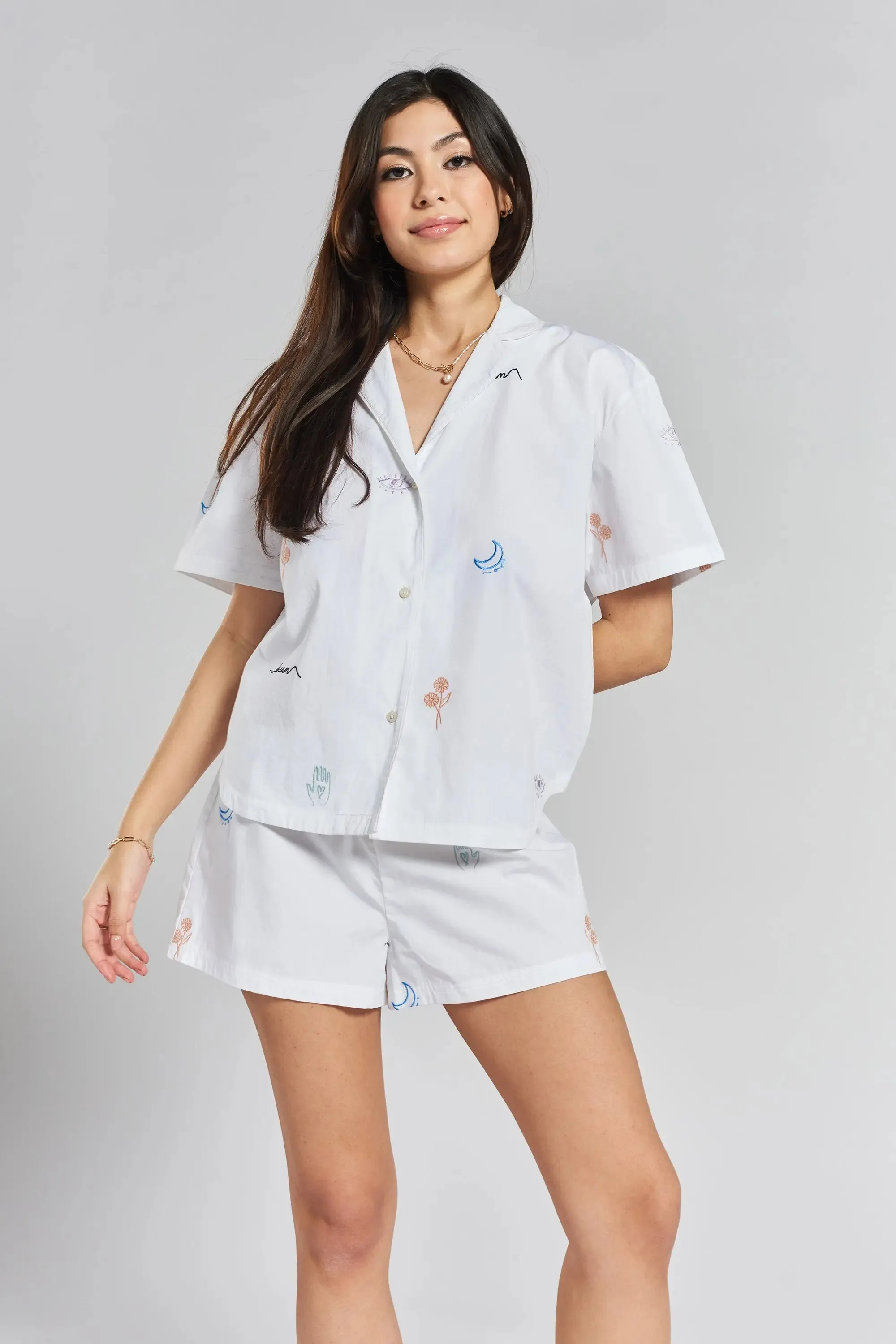 Telopea Embroidered Ethical-Cotton Pyjama Shirt - Glacier White
