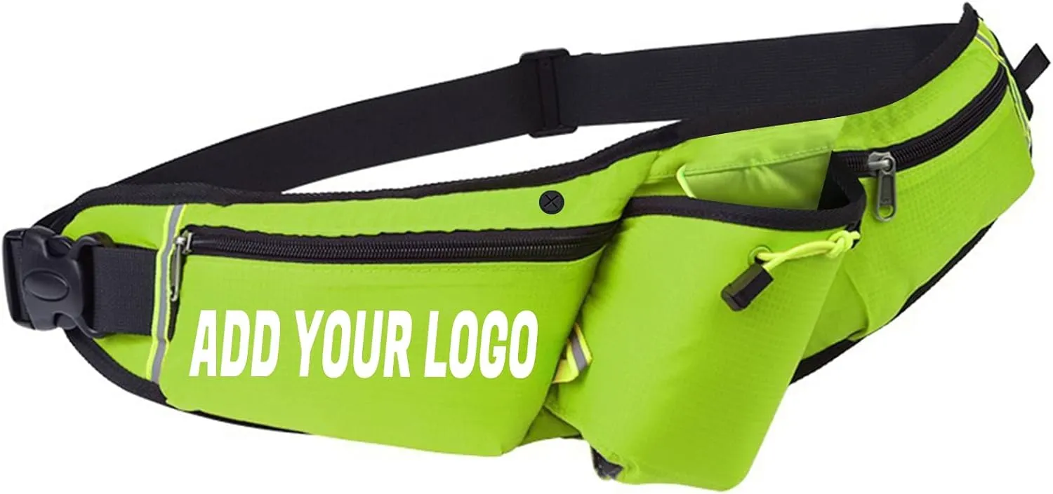 TOPTIE Custom Printed Green Waist Bags with Water Bottle Holder, Unisex Fanny Pack for Running, Climbing, Travel (Add Your Logo)