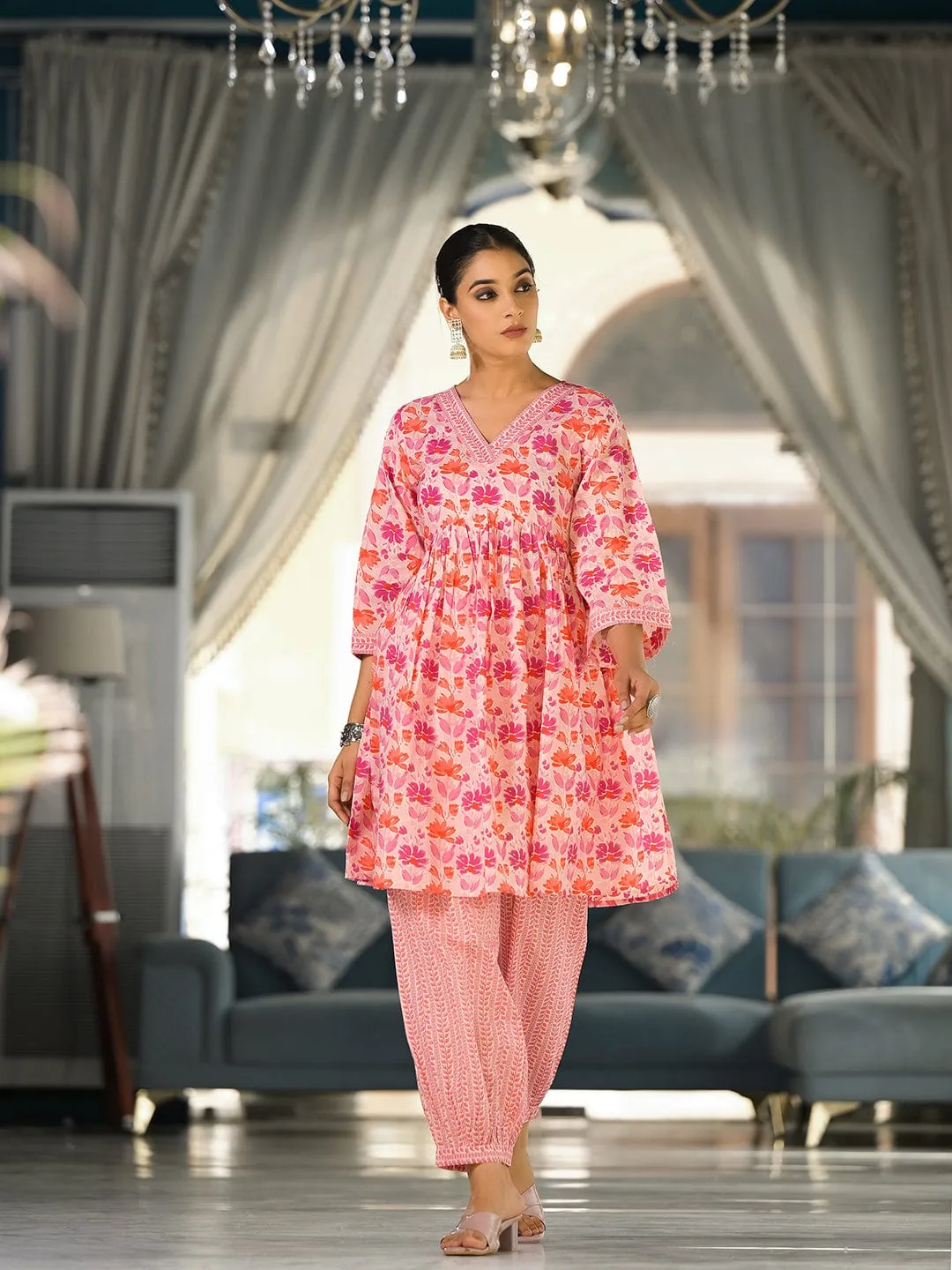 Varanga Women Pink Cotton Floral Printed Co-Ords