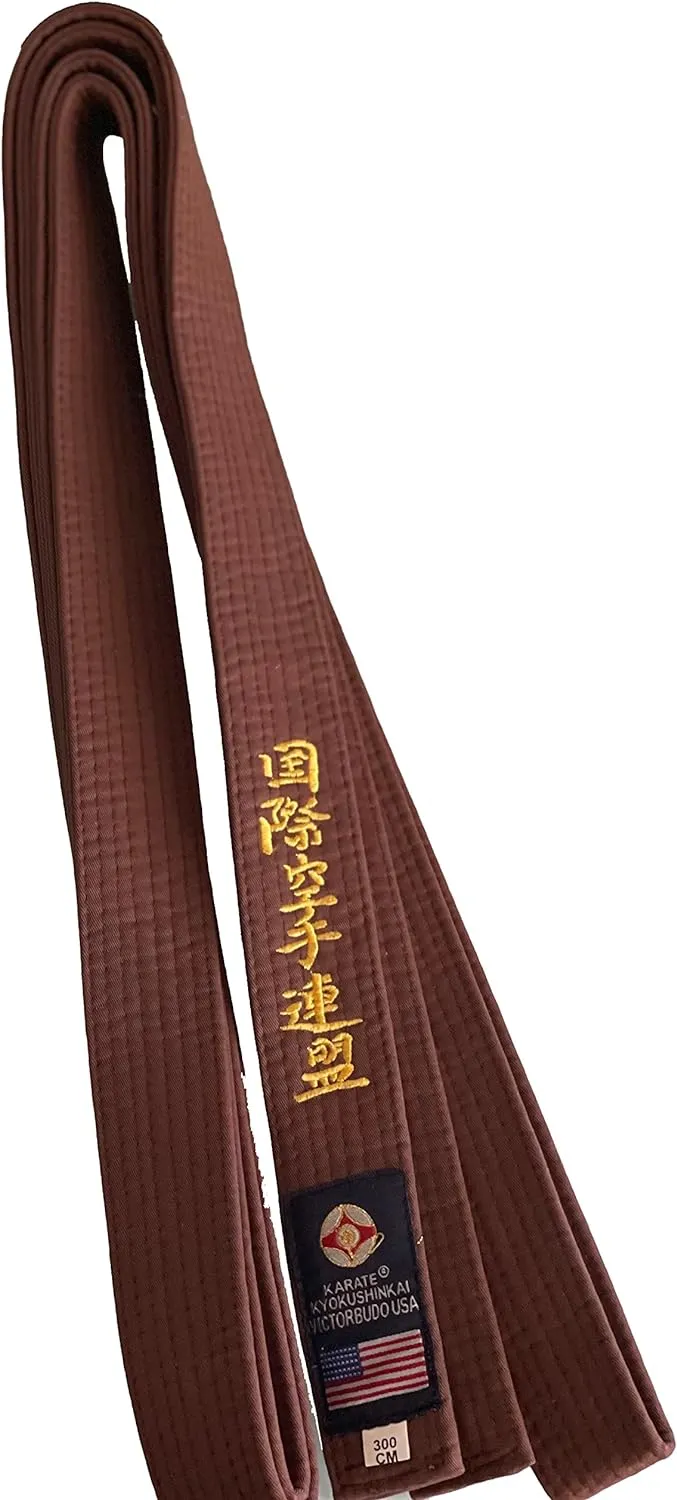 VICTORBUDO USA KYOKUSHIN EMBROIDERED BELTS RED BLUE YELLOW GREEN BROWN SIZES 220/280/320/360 CM