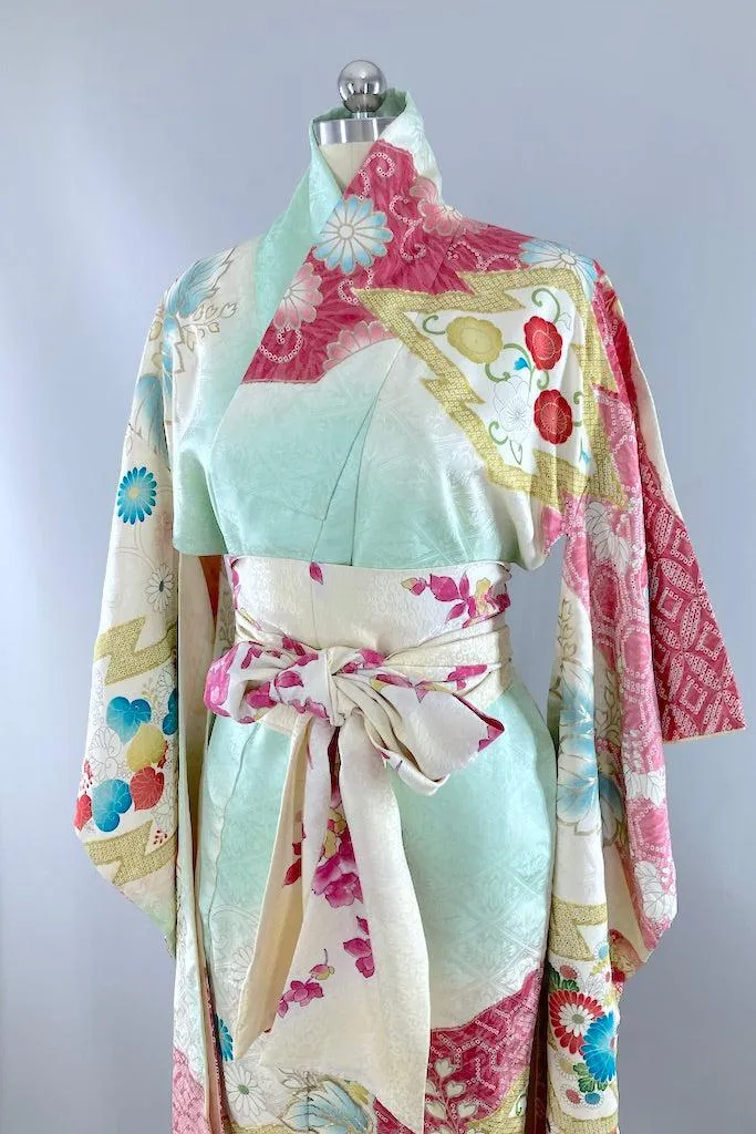 Vintage Mint Green & Pink Shibori Silk Kimono