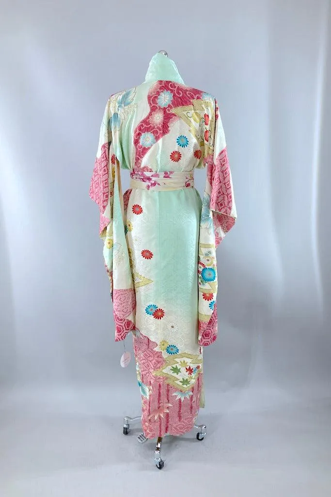 Vintage Mint Green & Pink Shibori Silk Kimono