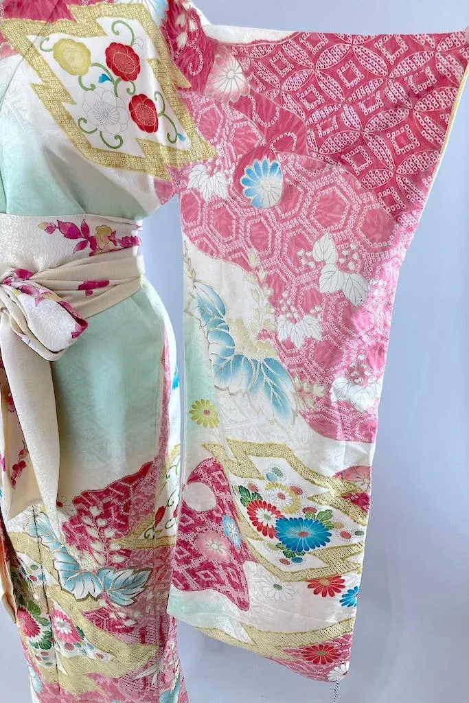 Vintage Mint Green & Pink Shibori Silk Kimono
