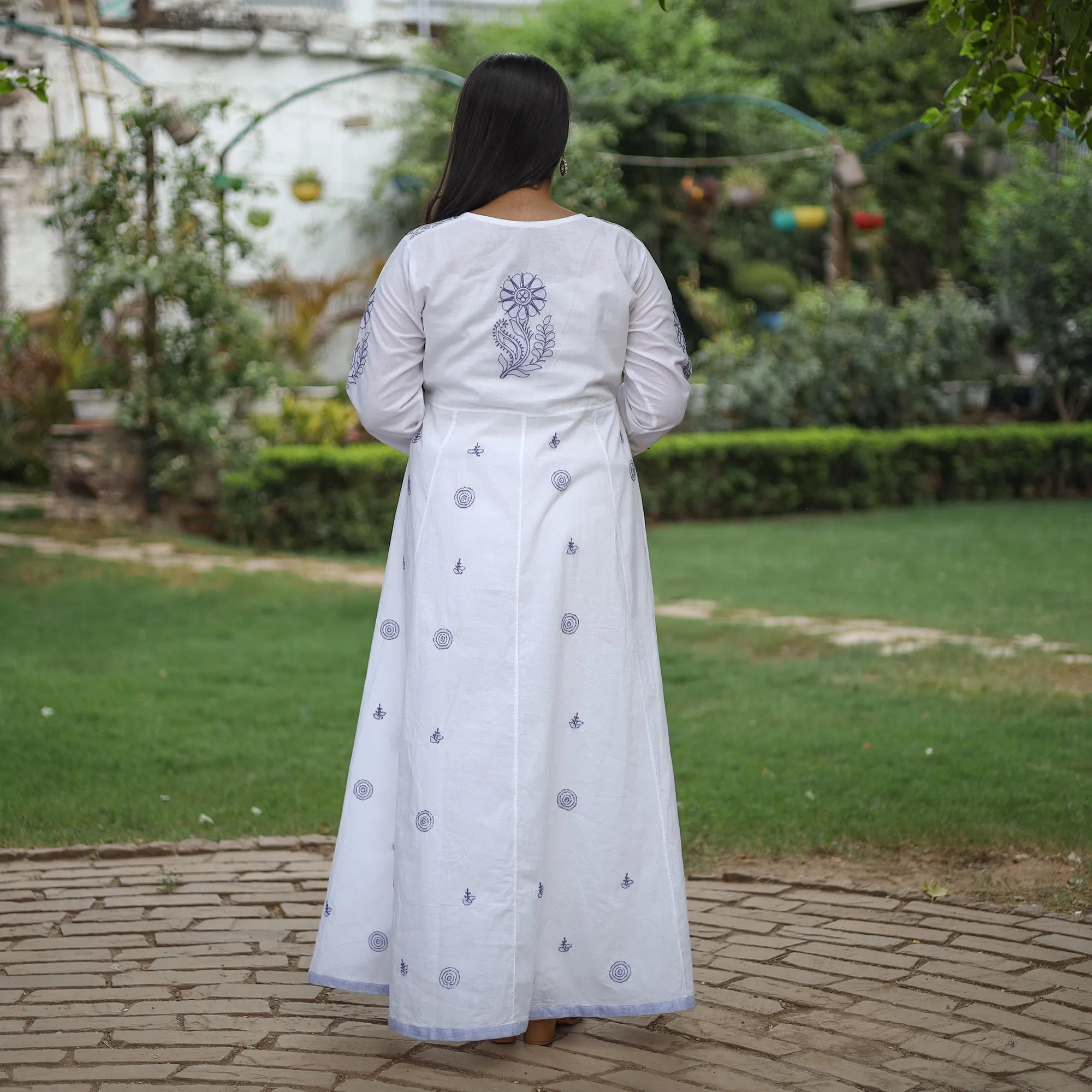 White Blue Chikankari Hand Embroidered Cotton Anarkali Long Kurta with Inner