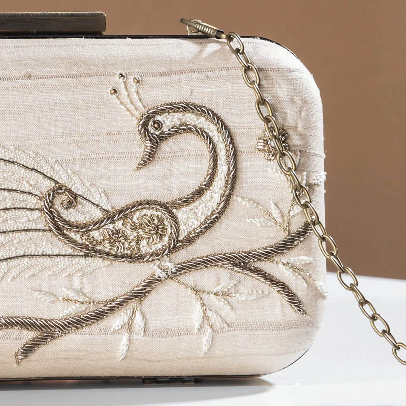 White - Zardozi Hand Embroidered Tussar Silk Clutch/Sling Bag