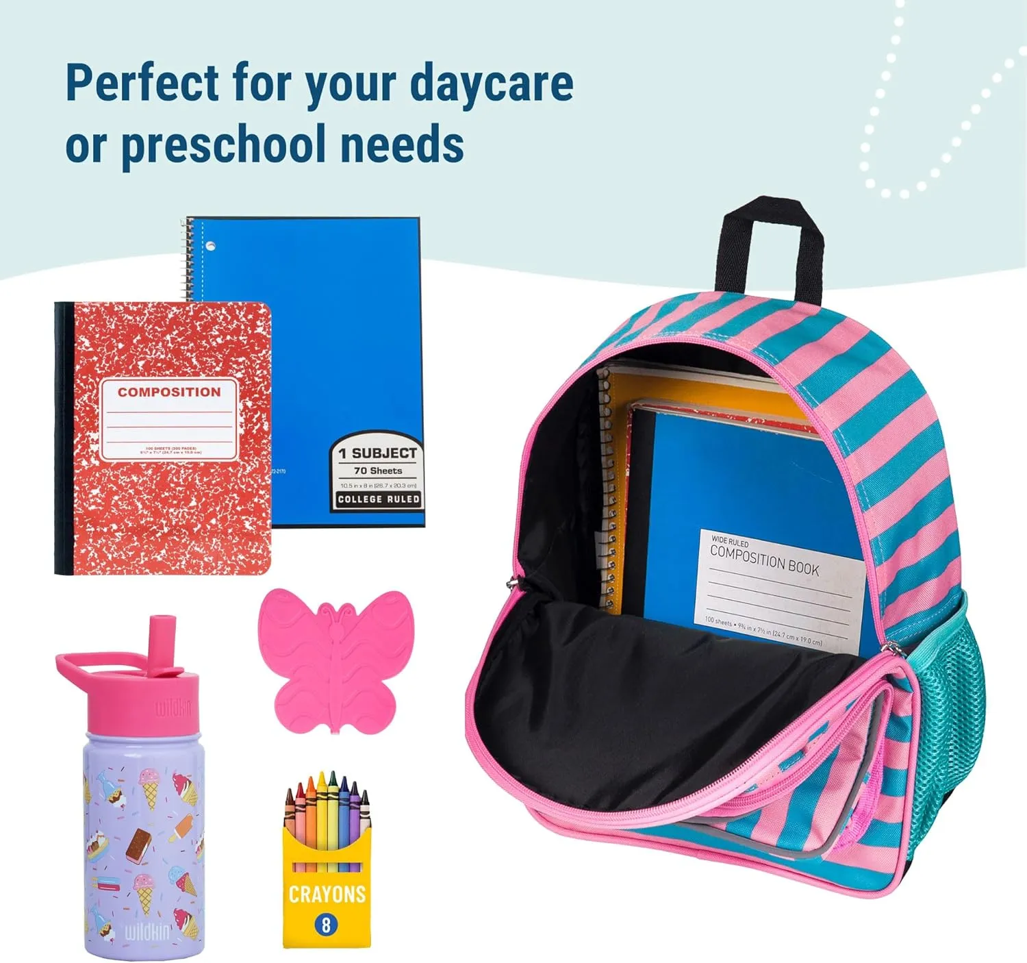 Wildkin 12-inch Kids Backpack  Padded, Adjustable, Ideal for Daycare & Travel (Pink Stripes)