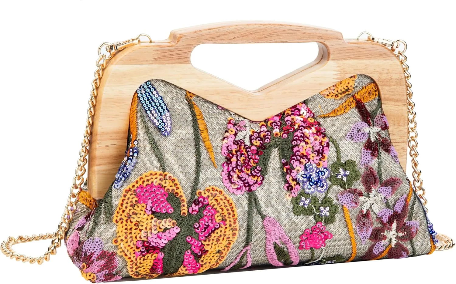 Wooden Handle Sequin Embroidered Floral Handbag with Detachable Strap Evening Bag for Wedding Party