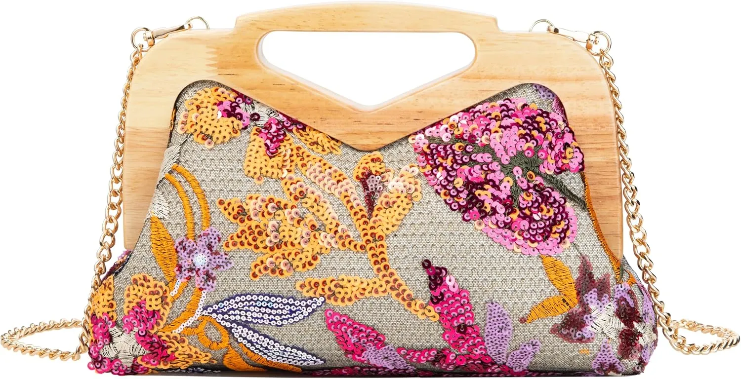 Wooden Handle Sequin Embroidered Floral Handbag with Detachable Strap Evening Bag for Wedding Party