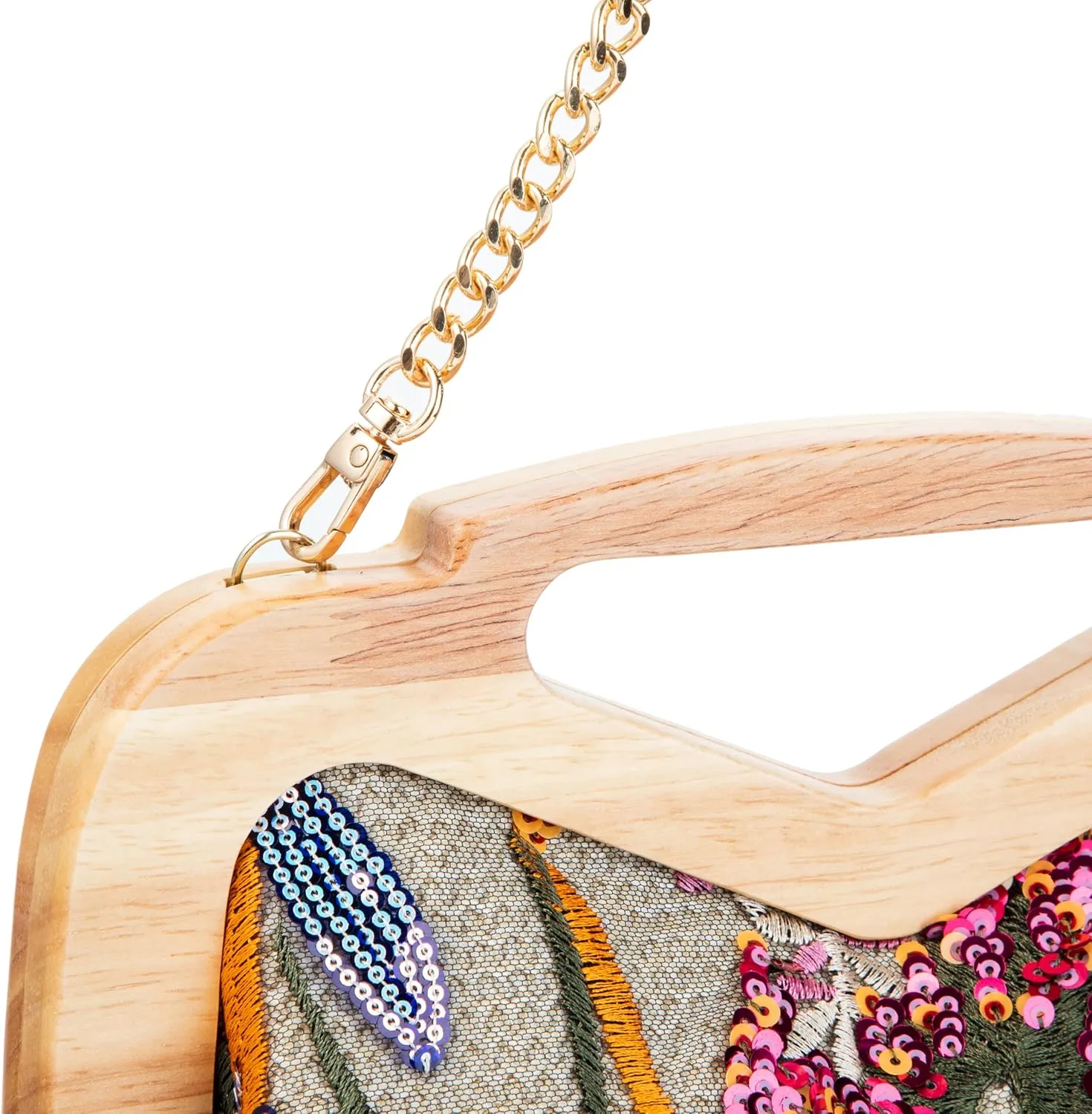 Wooden Handle Sequin Embroidered Floral Handbag with Detachable Strap Evening Bag for Wedding Party