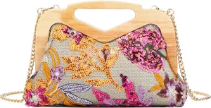 Wooden Handle Sequin Embroidered Floral Handbag with Detachable Strap Evening Bag for Wedding Party