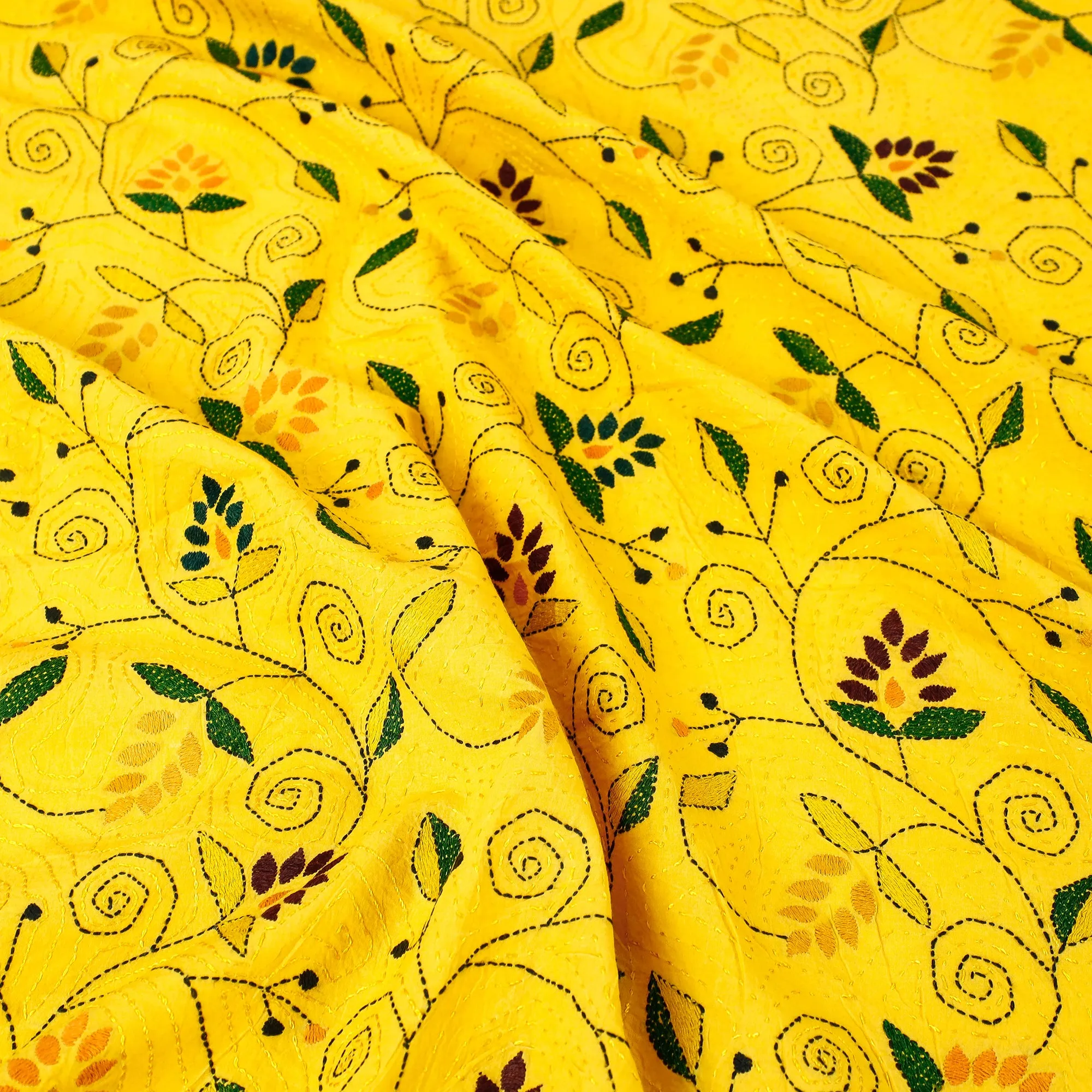 Yellow - Bengal Kantha Embroidered Cotton Single Bed Cover (119 x 69 in) 01